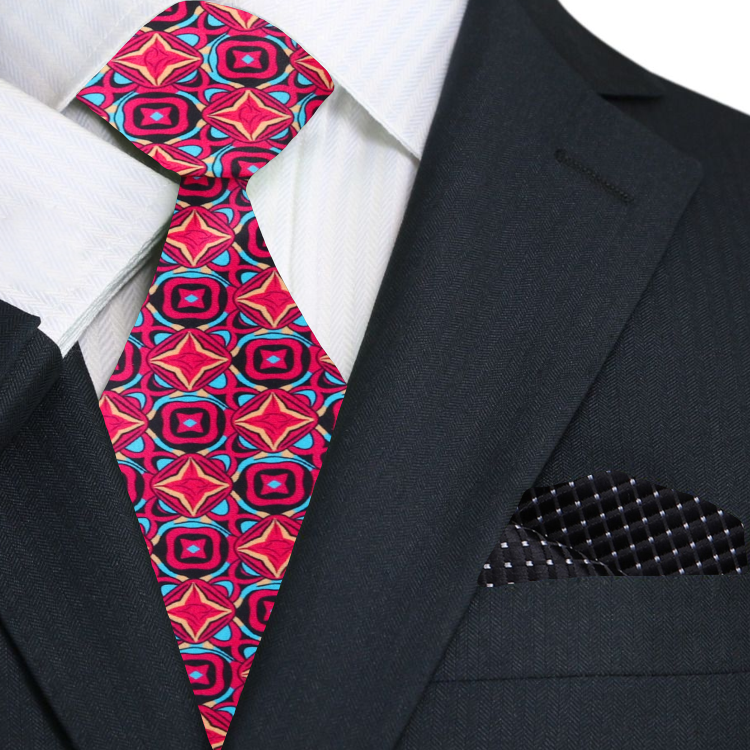Man wearing red geometric necktie with a navy suit at a formal event