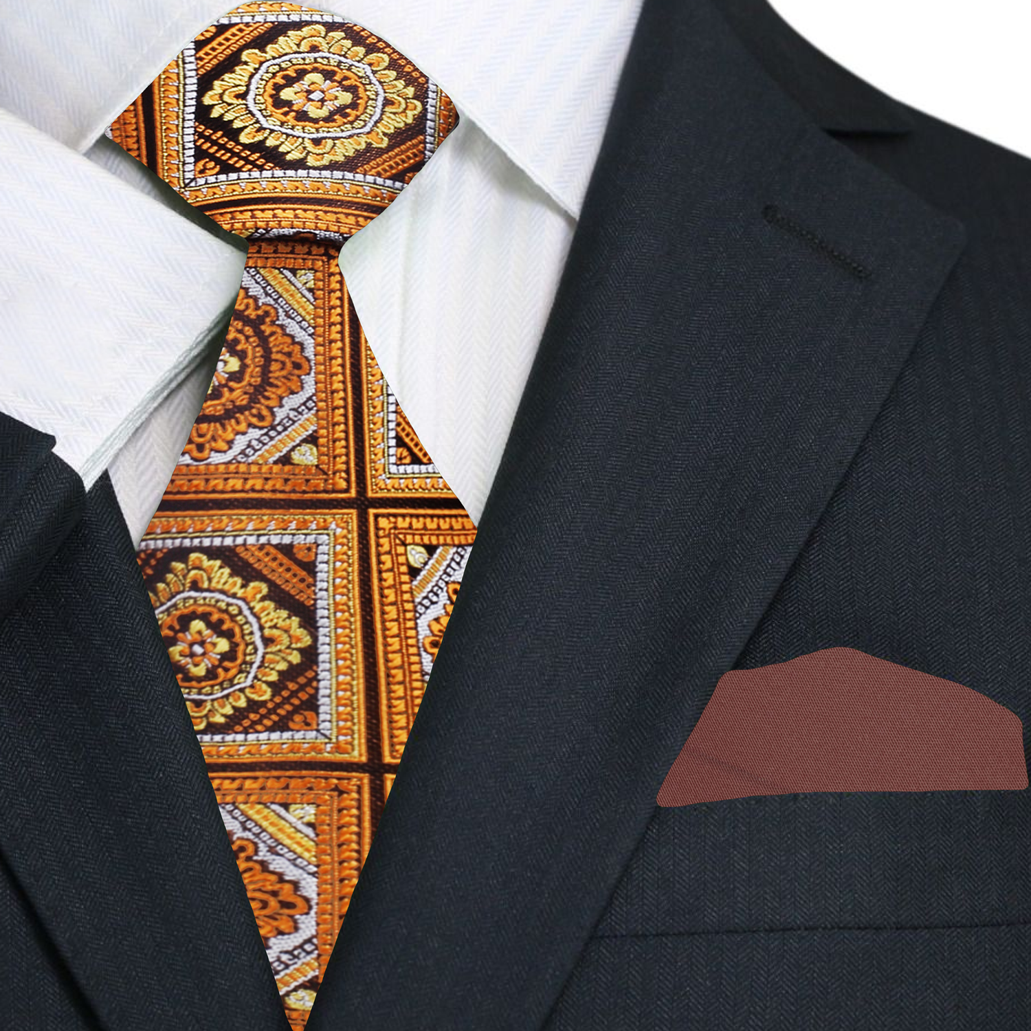 Man wearing the orange geometric tie with a white shirt at a wedding