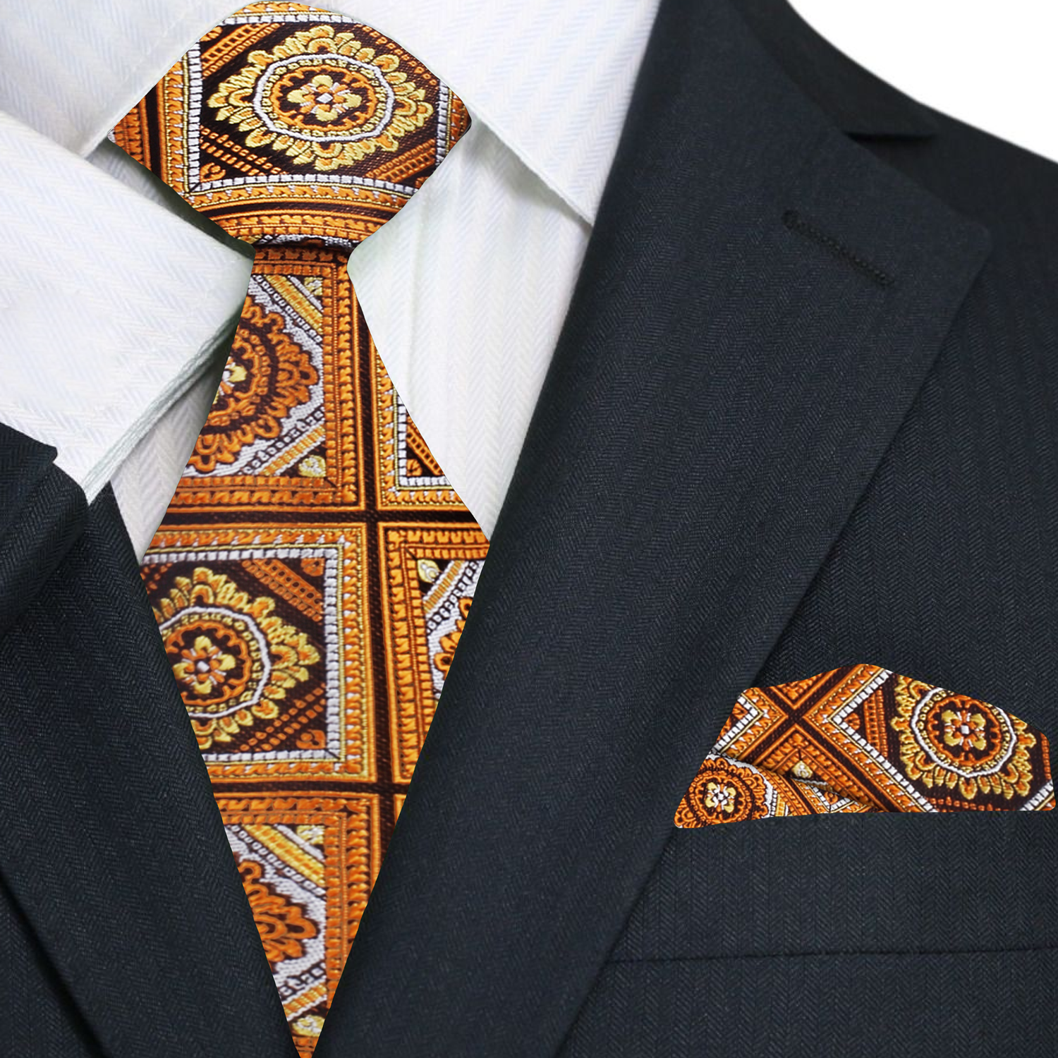Man wearing the orange geometric tie with a white shirt at a wedding