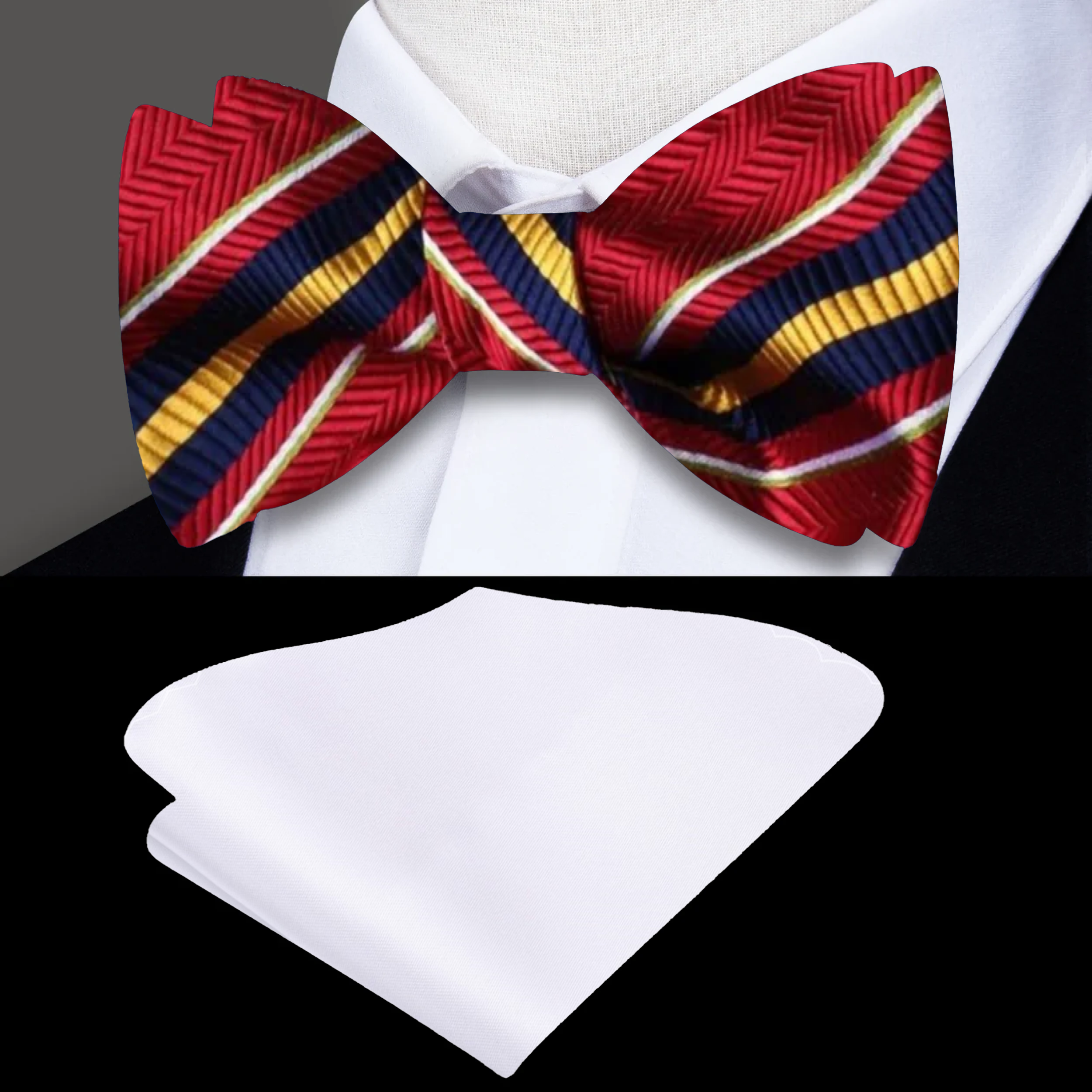Matching light blue pocket square that complements the pre-tied bow tie, adding sophistication to any outfit.