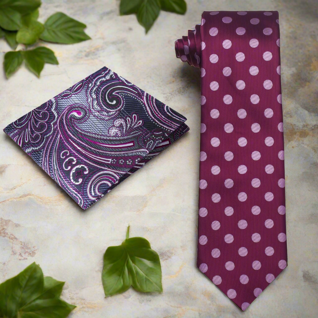 Silk polka dot necktie with vibrant raspberry background and pink dots