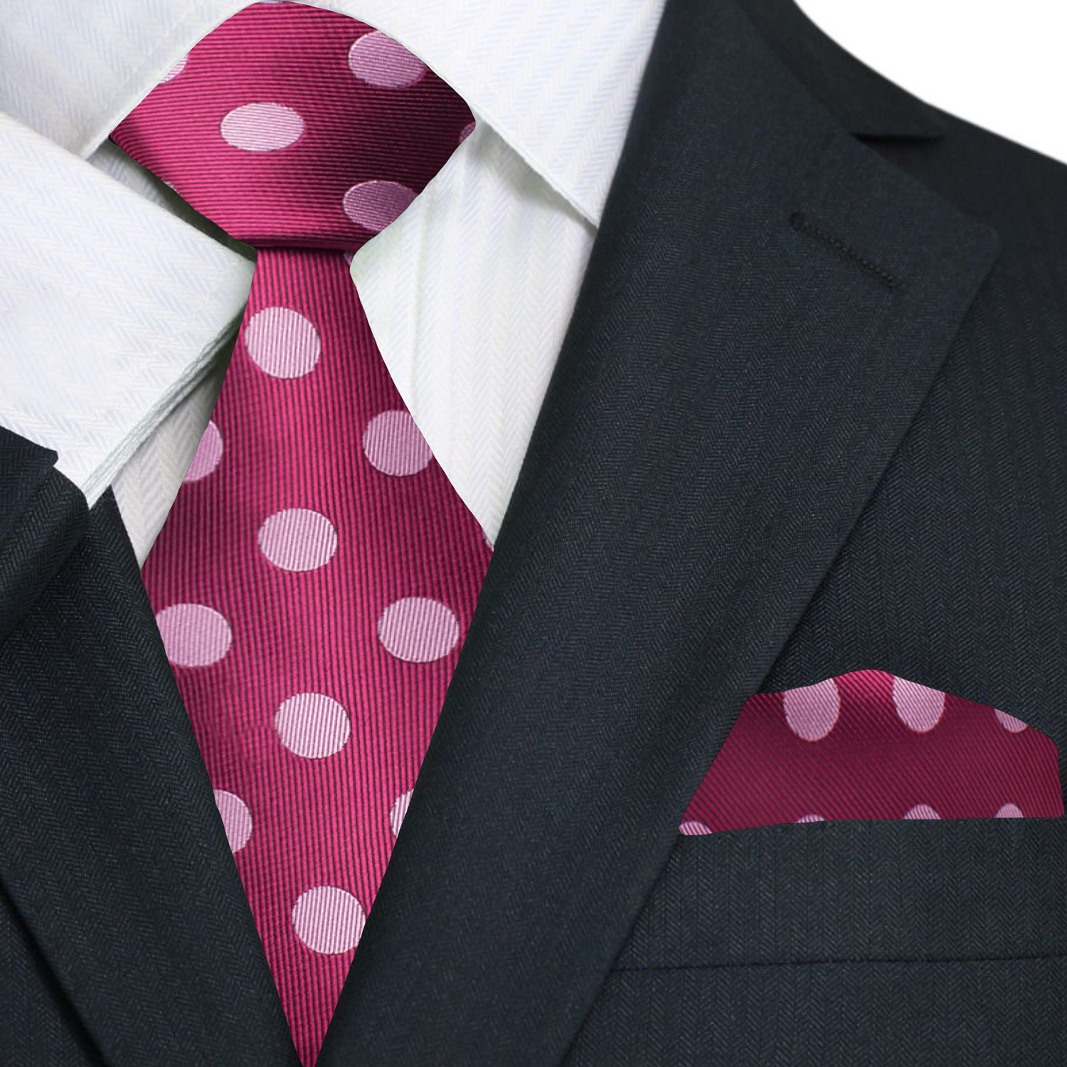 Close-up of raspberry polka dot necktie with pink dots, perfect for weddings
