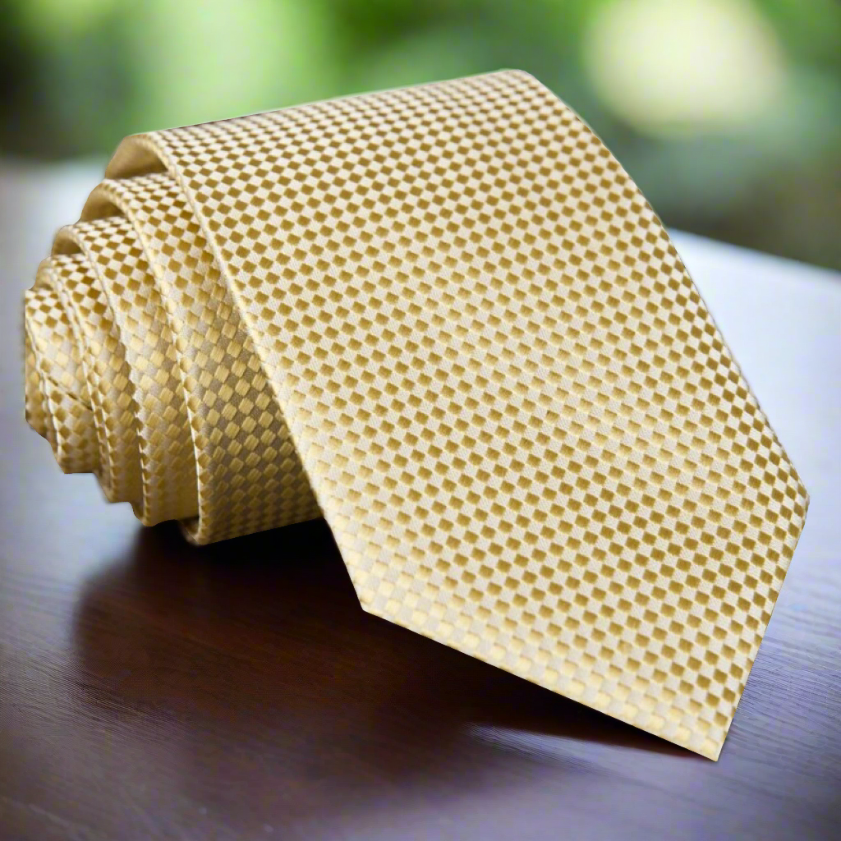 Close-up of the Radiant Gold Silk Necktie showcasing its soft metallic gold geometric pattern.