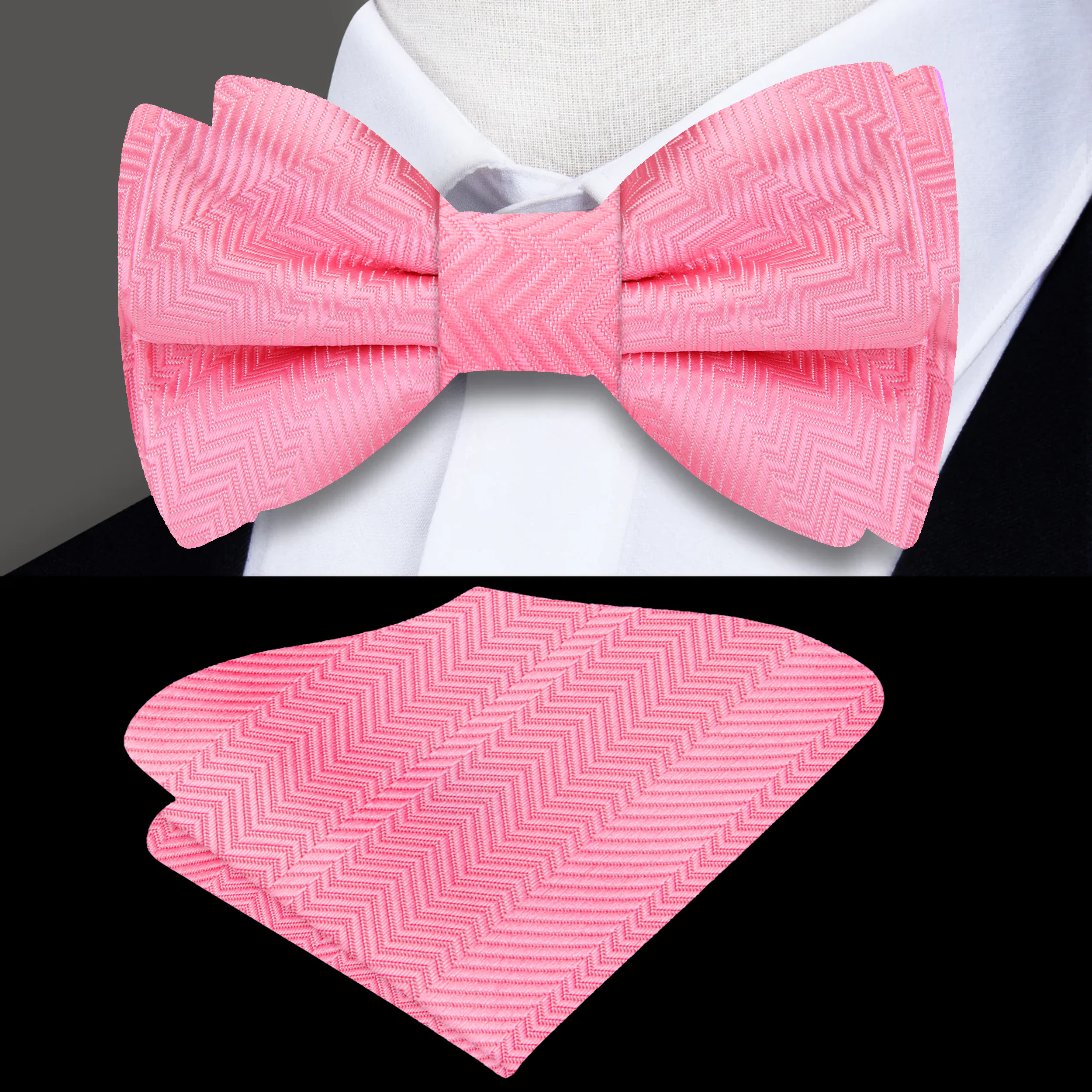 Elegant pink and purple lined texture bow tie worn with a white dress shirt
