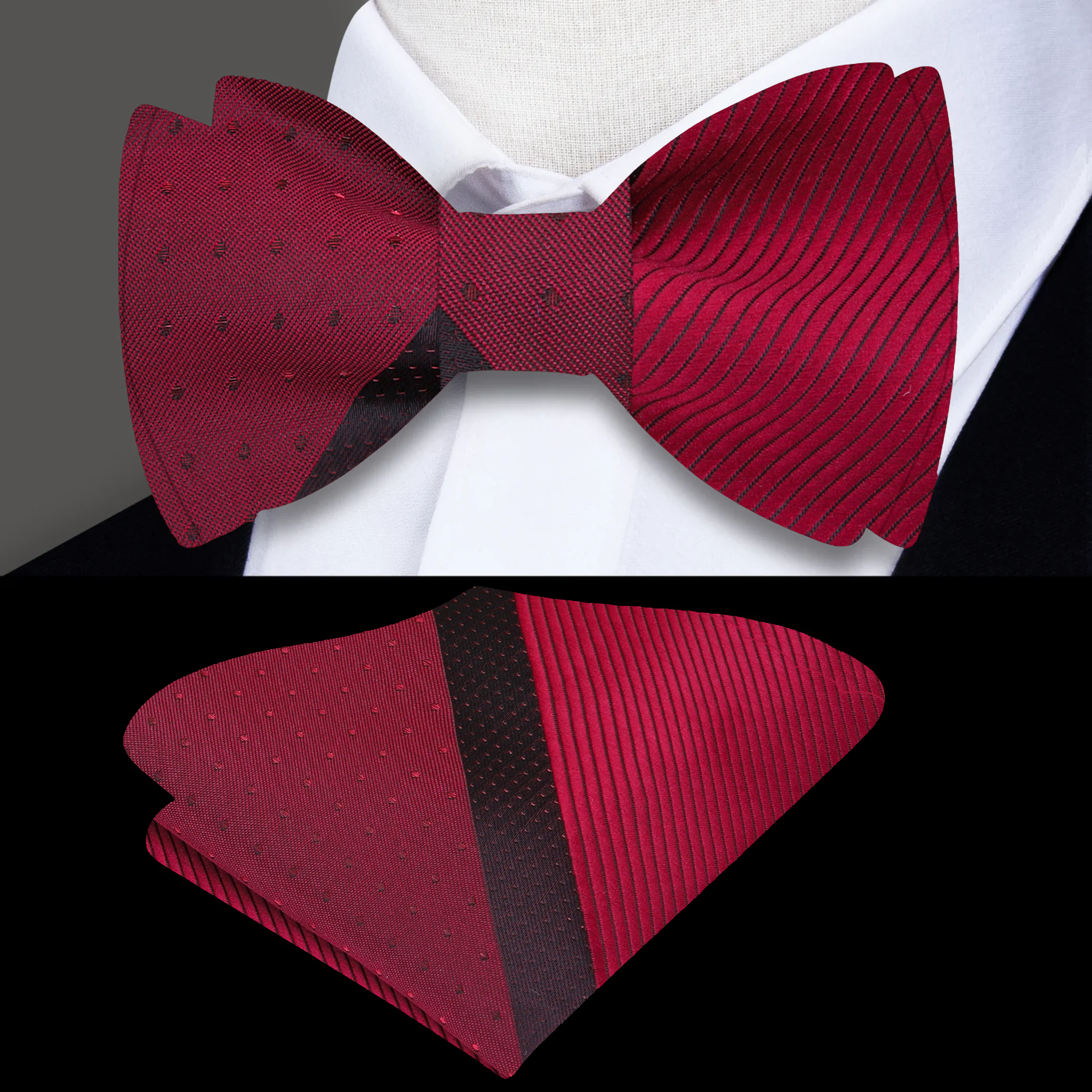 Top-down view of self tie bow tie in burgundy with bold center stripe, perfect for formal wedding settings.