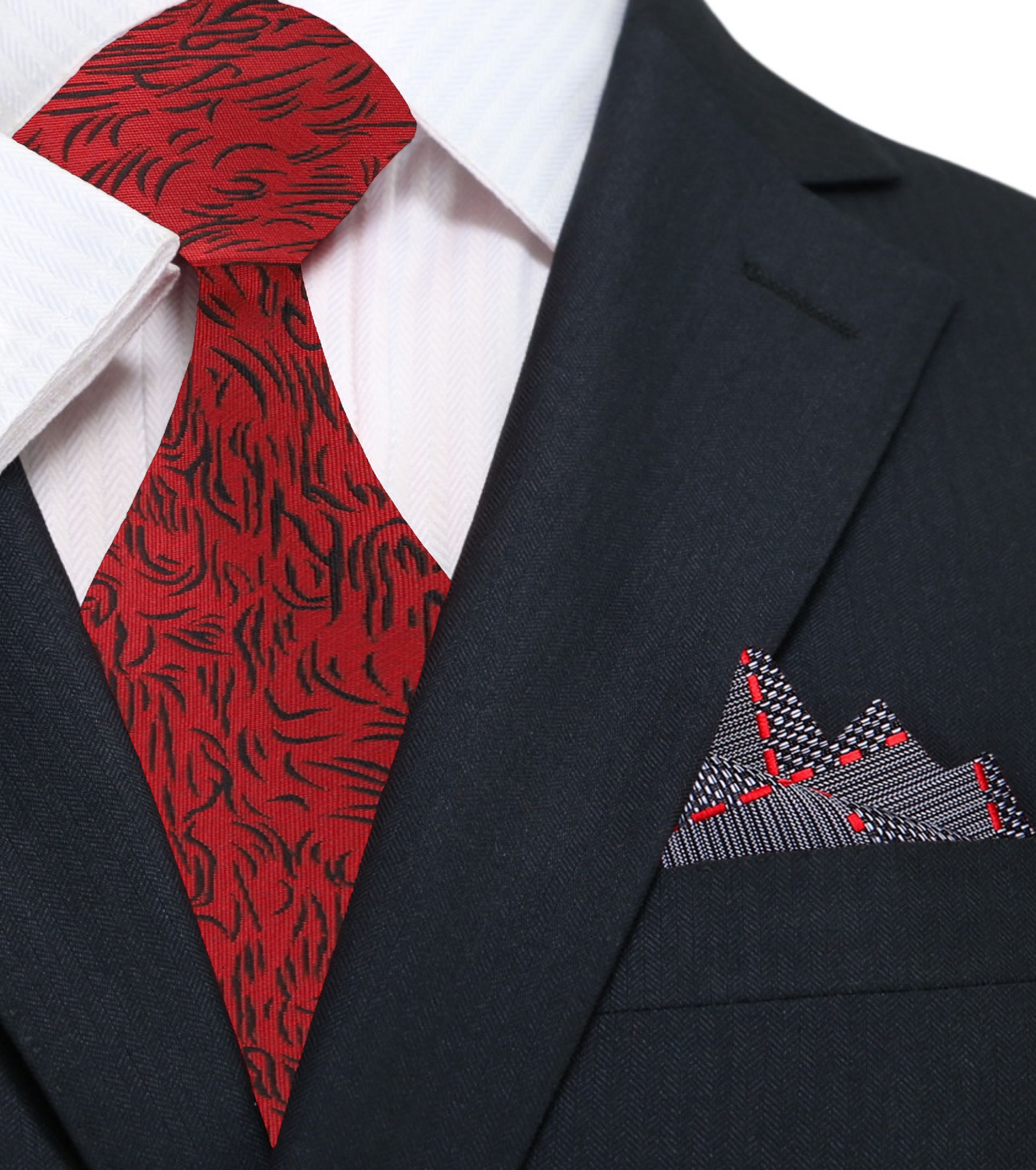 Men wearing the Prestige Red Silk Necktie paired with a charcoal grey suit.