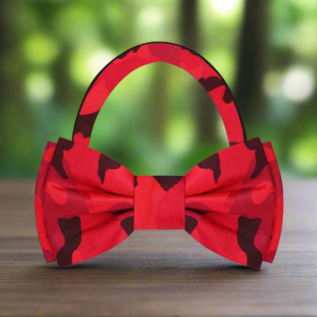 Close-up of camouflage bow tie in brown, green, and black for stylish mens accessories