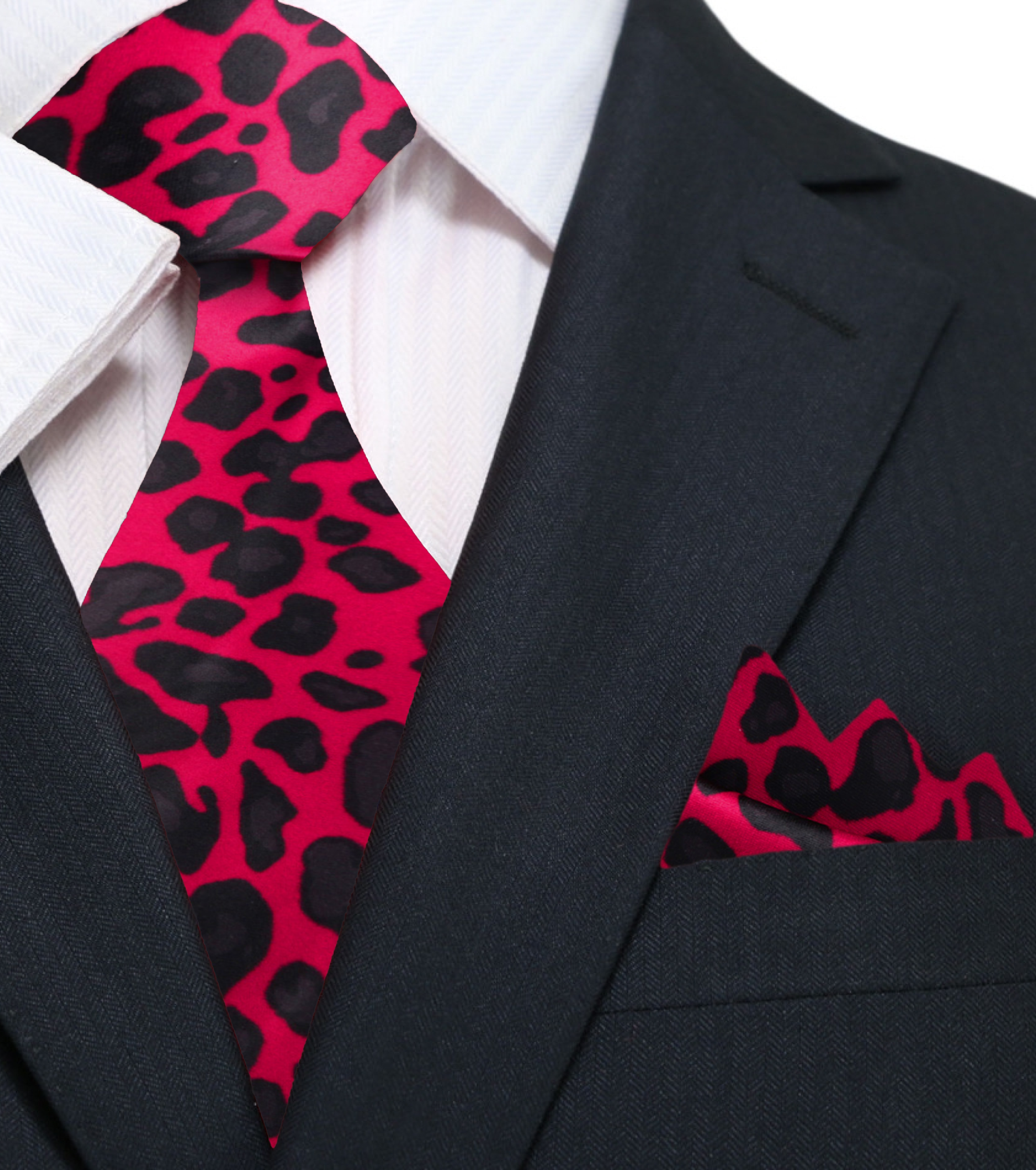 Close-up of the cheetah print necktie showcasing its vibrant pattern and silk texture.