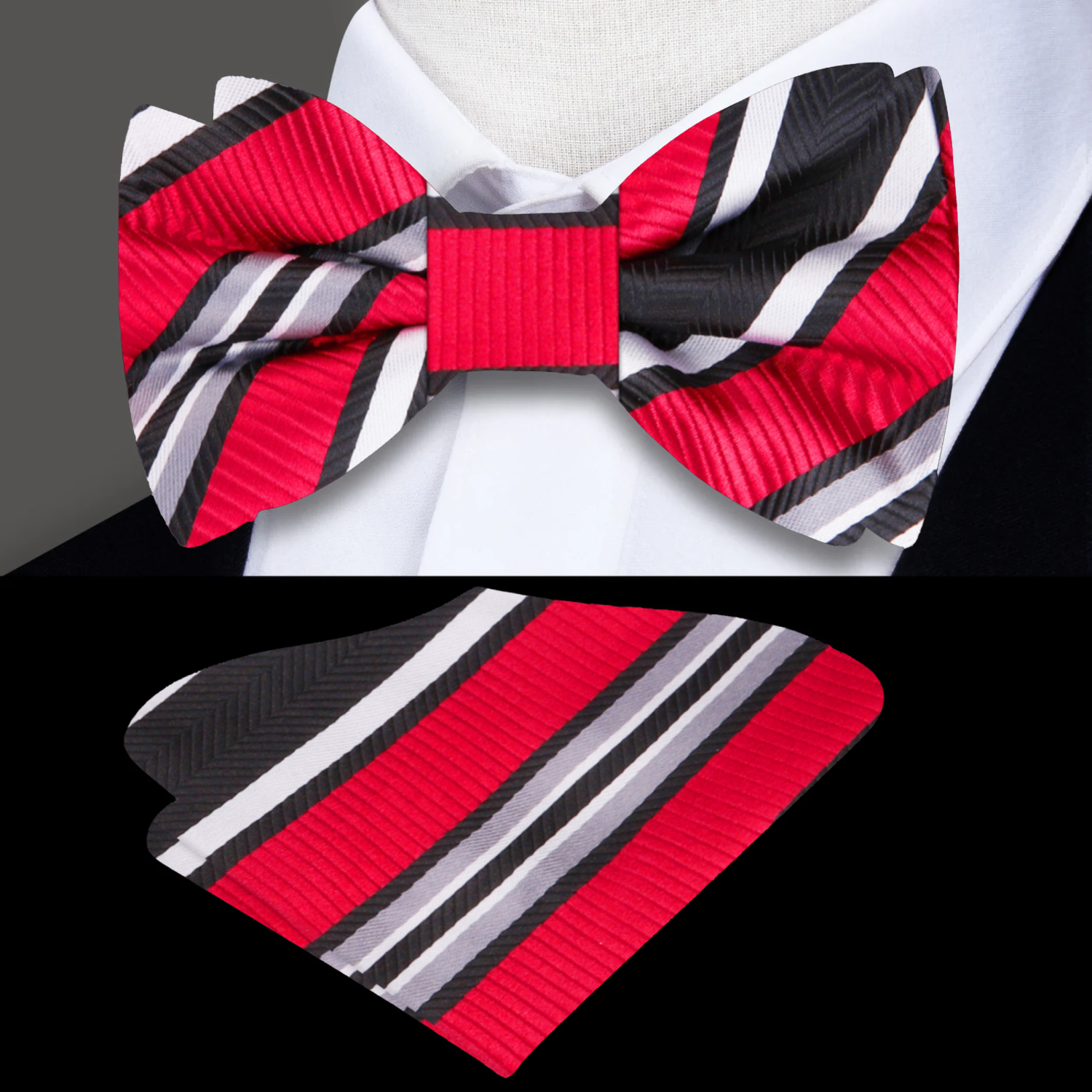 Close-up of the Delta Stripe Bow Tie in blue and orange, highlighting its elegant striped pattern.