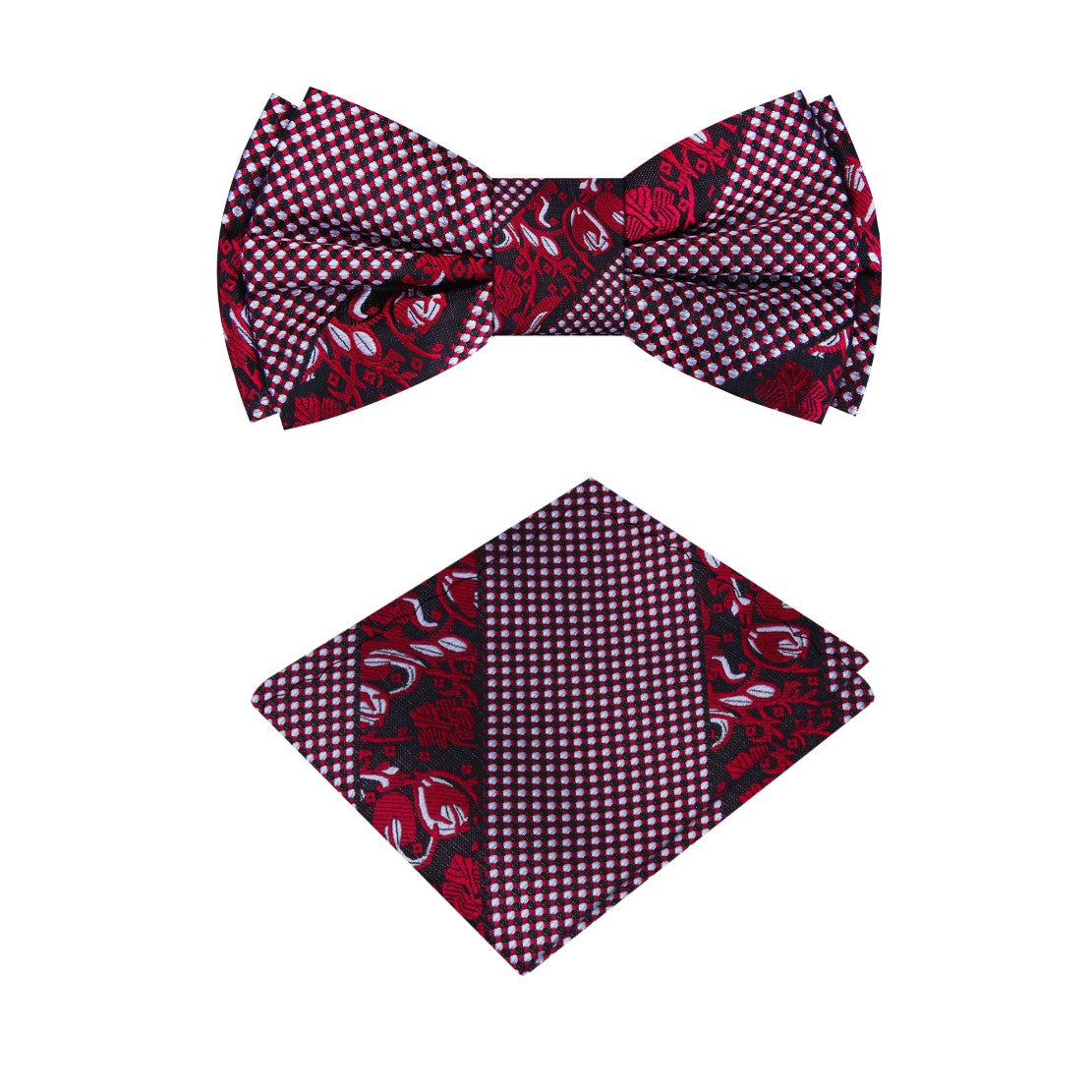 Close-up of the kids pocket square paired with the bow tie, highlighting the rich red fabric.