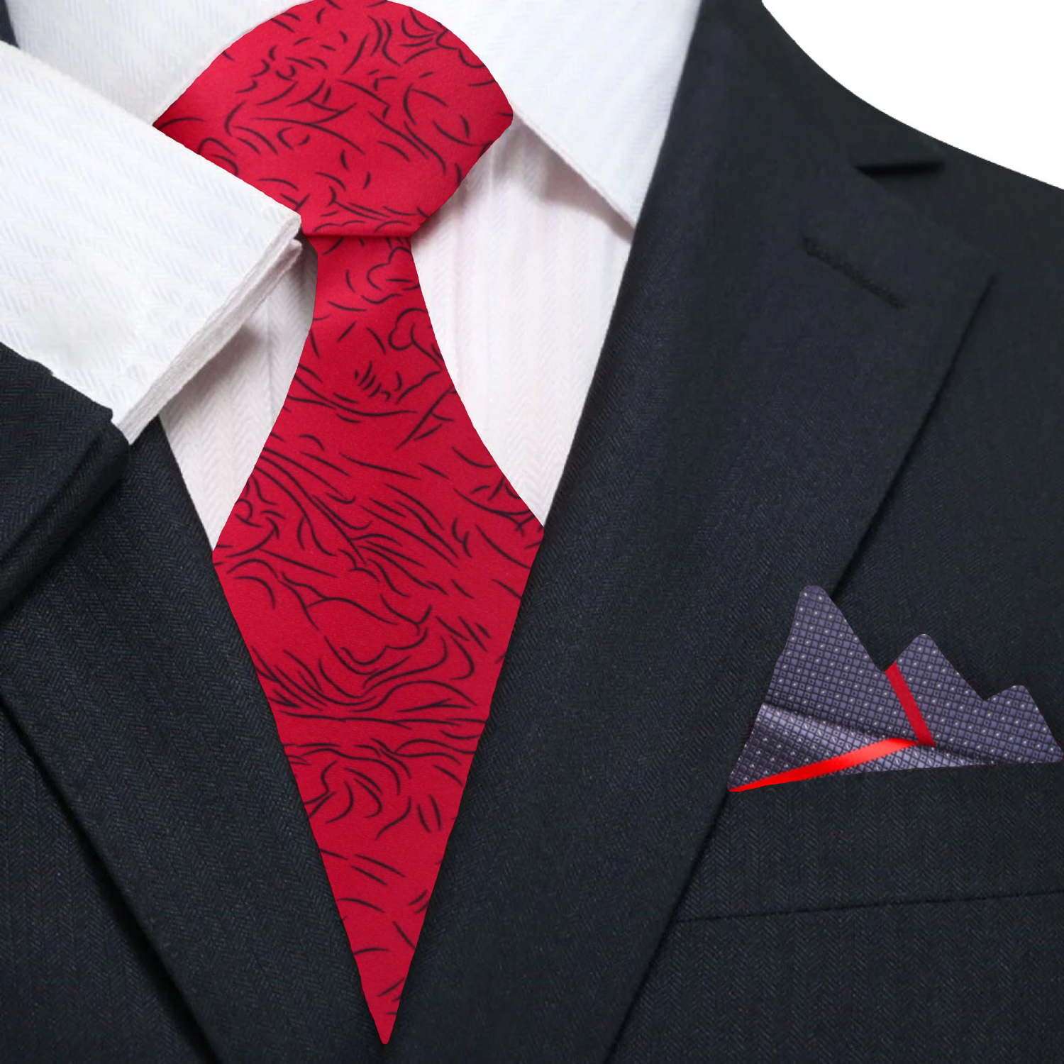 Crimson silk necktie paired with matching pocket square on a charcoal grey suit