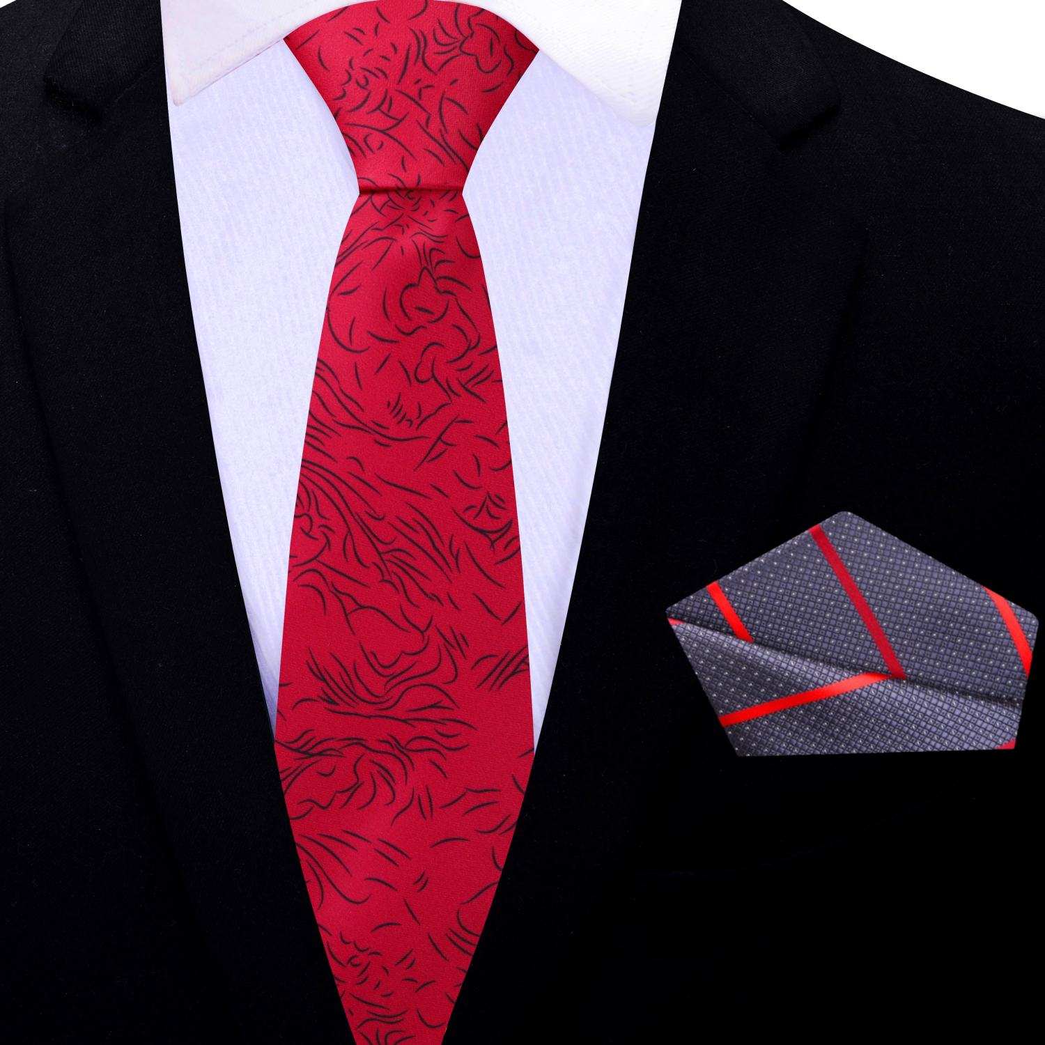 Slim version of mens necktie displayed with geometric black and grey pocket square