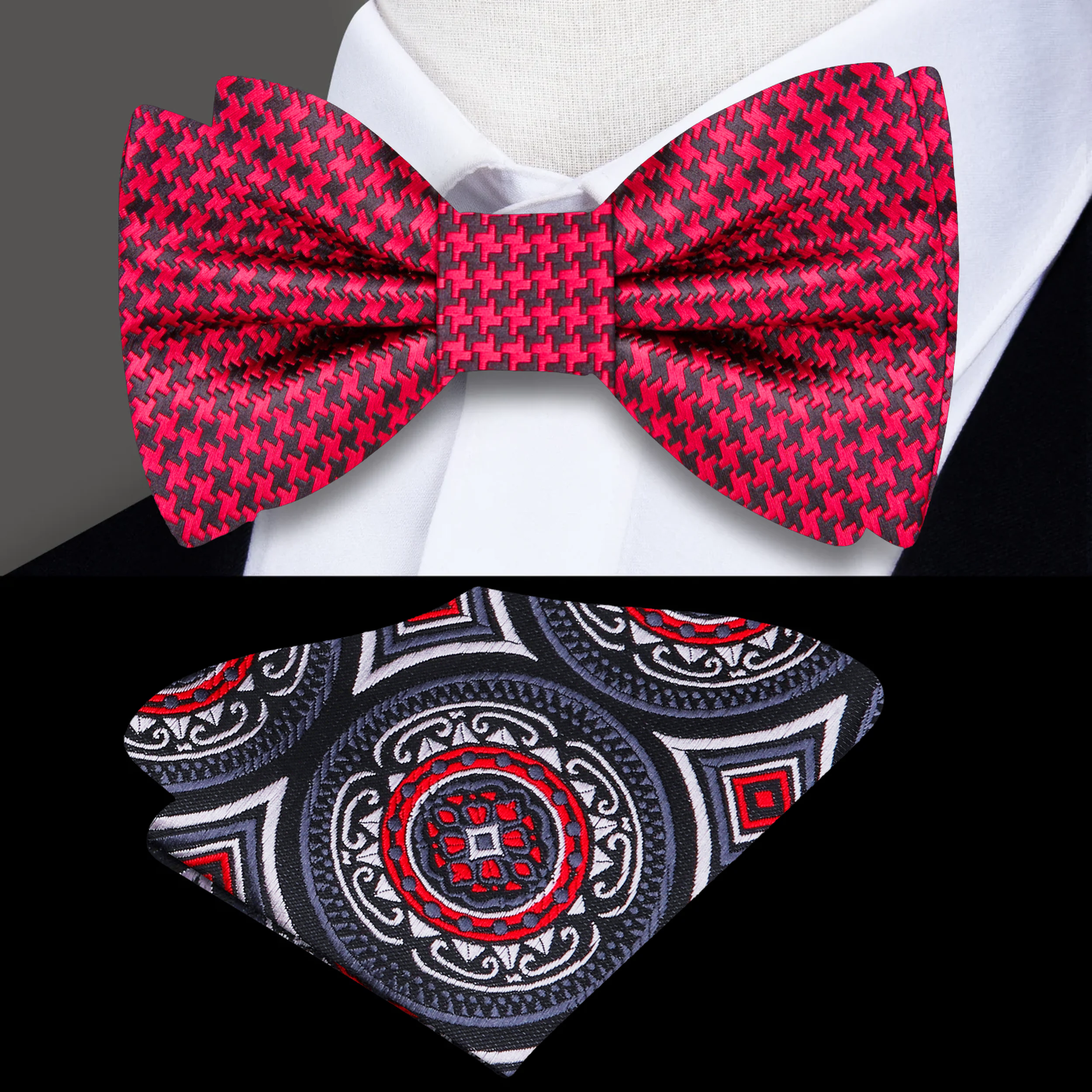 Close-up of a red houndstooth silk bow tie on a dress shirt for formal events