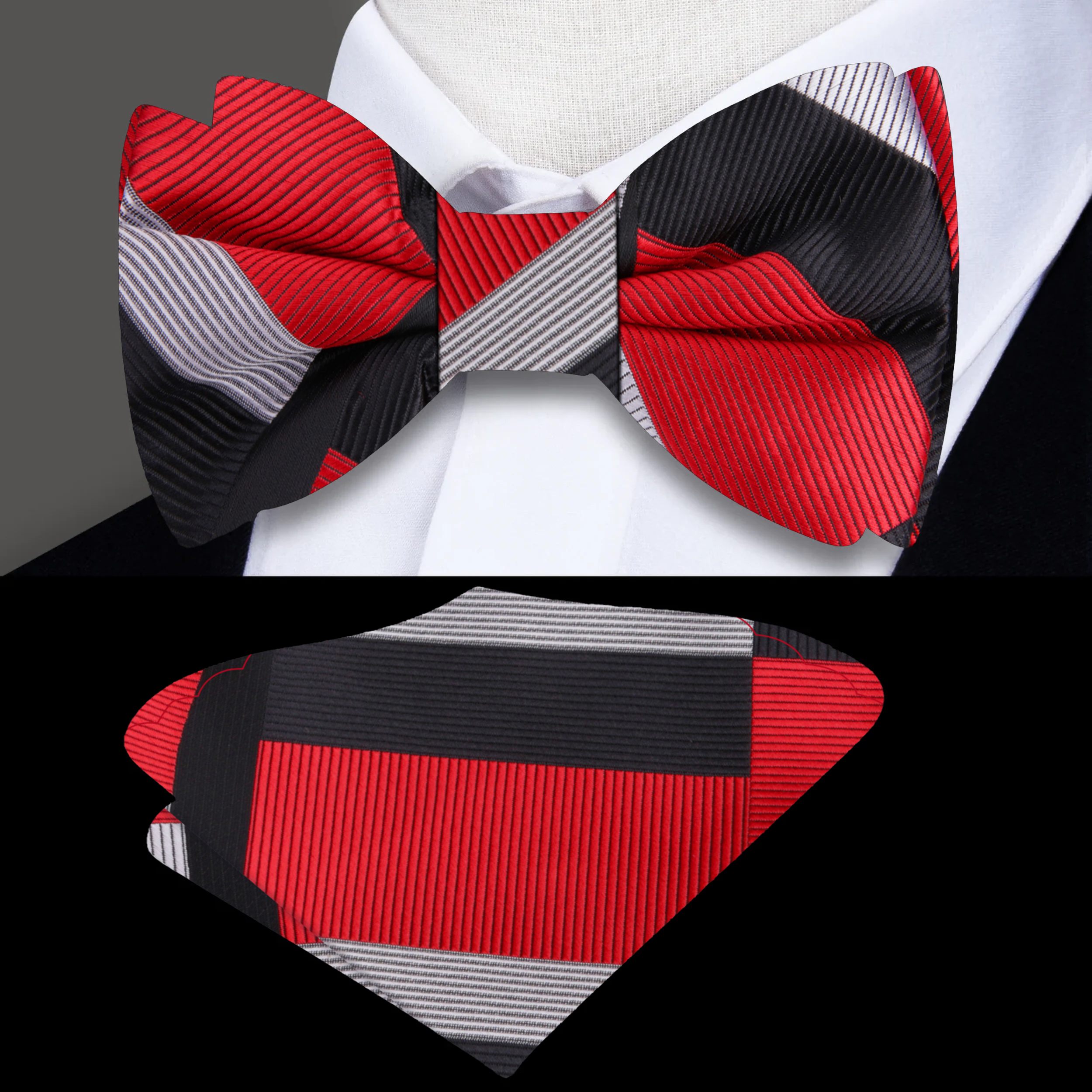 Close-up of the Westcott Prism Silk Bow Tie showing its abstract geometric pattern in multicolored silk