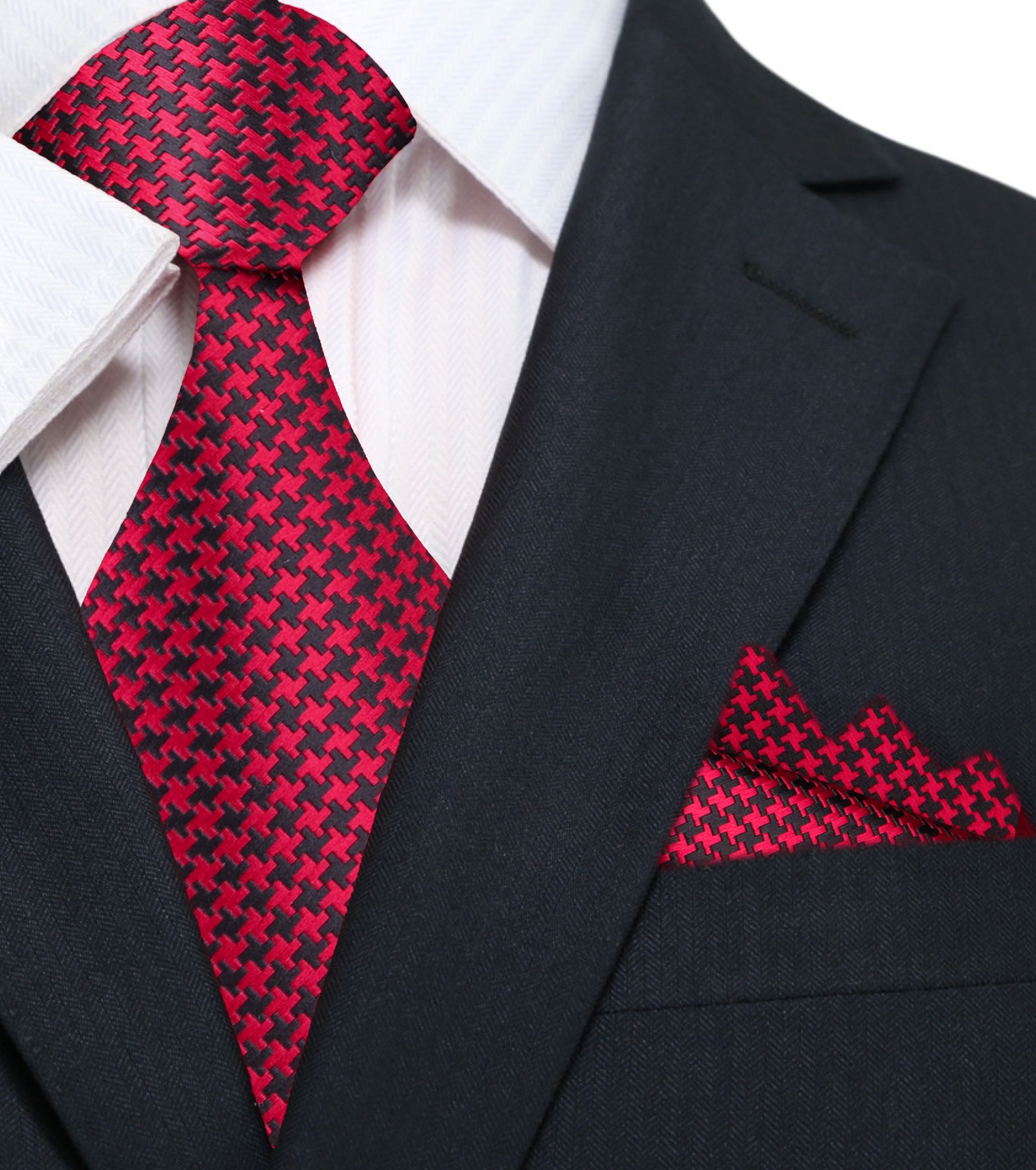 Matching pocket square in gold and black houndstooth design complementing the necktie