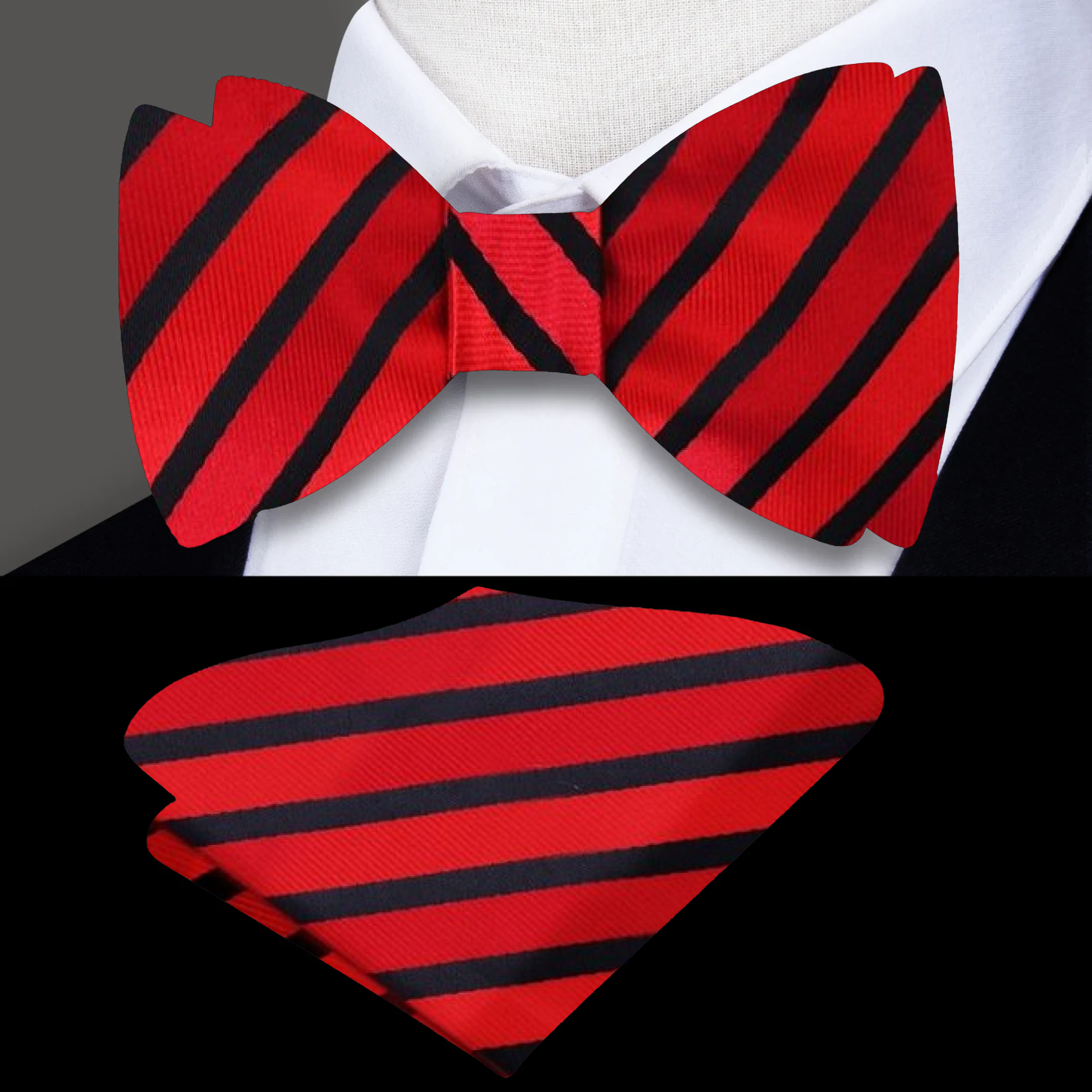 Stylish presentation of both bow ties on a sleek black suit, showcasing their versatility for formal occasions.