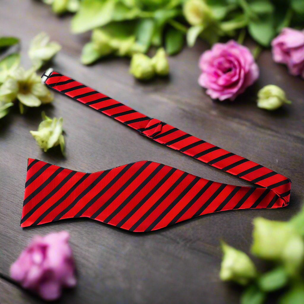Close-up of the red and black striped bow tie highlighting its sharp patterns and luxurious silk texture.