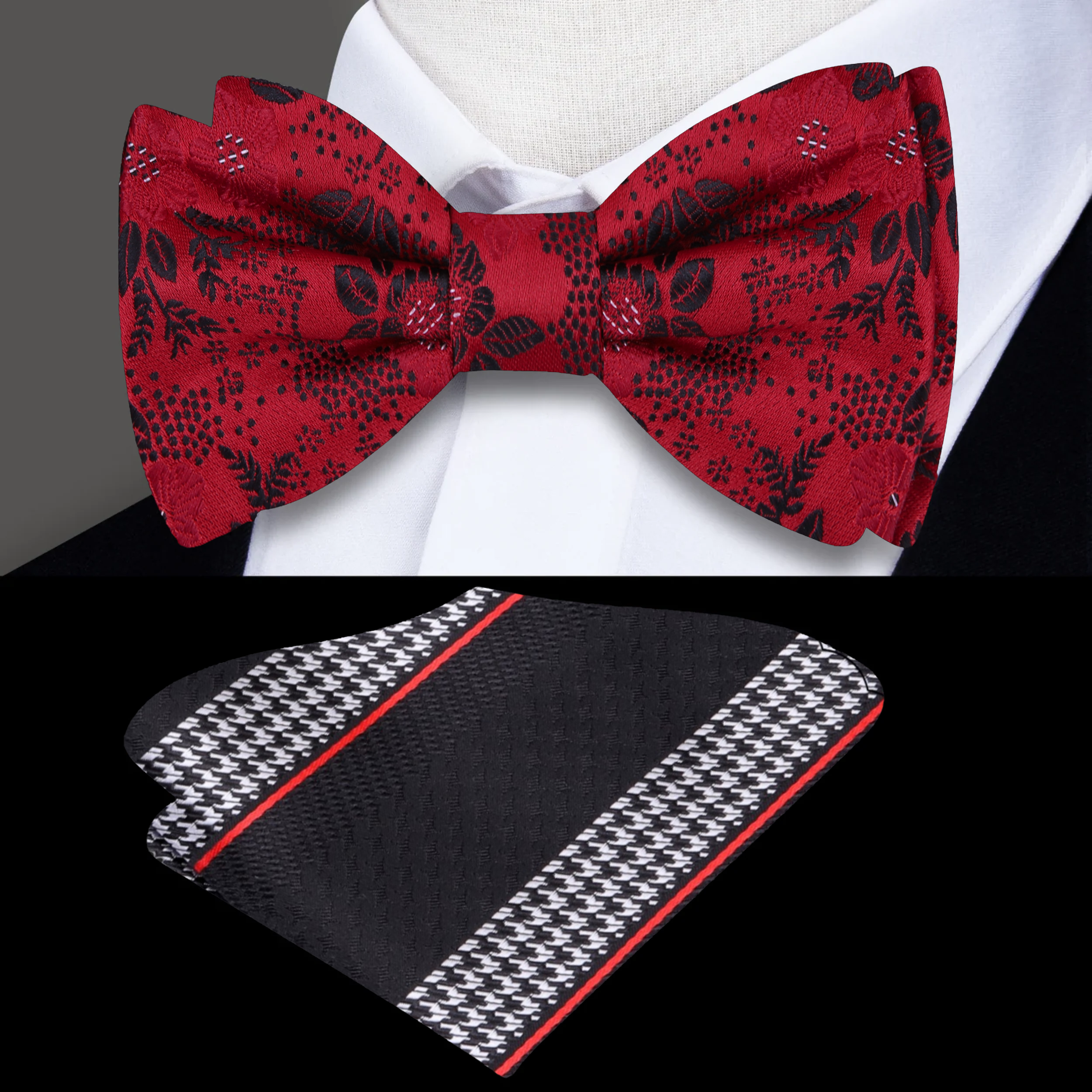Front view of red and black floral bow tie on model for formal events