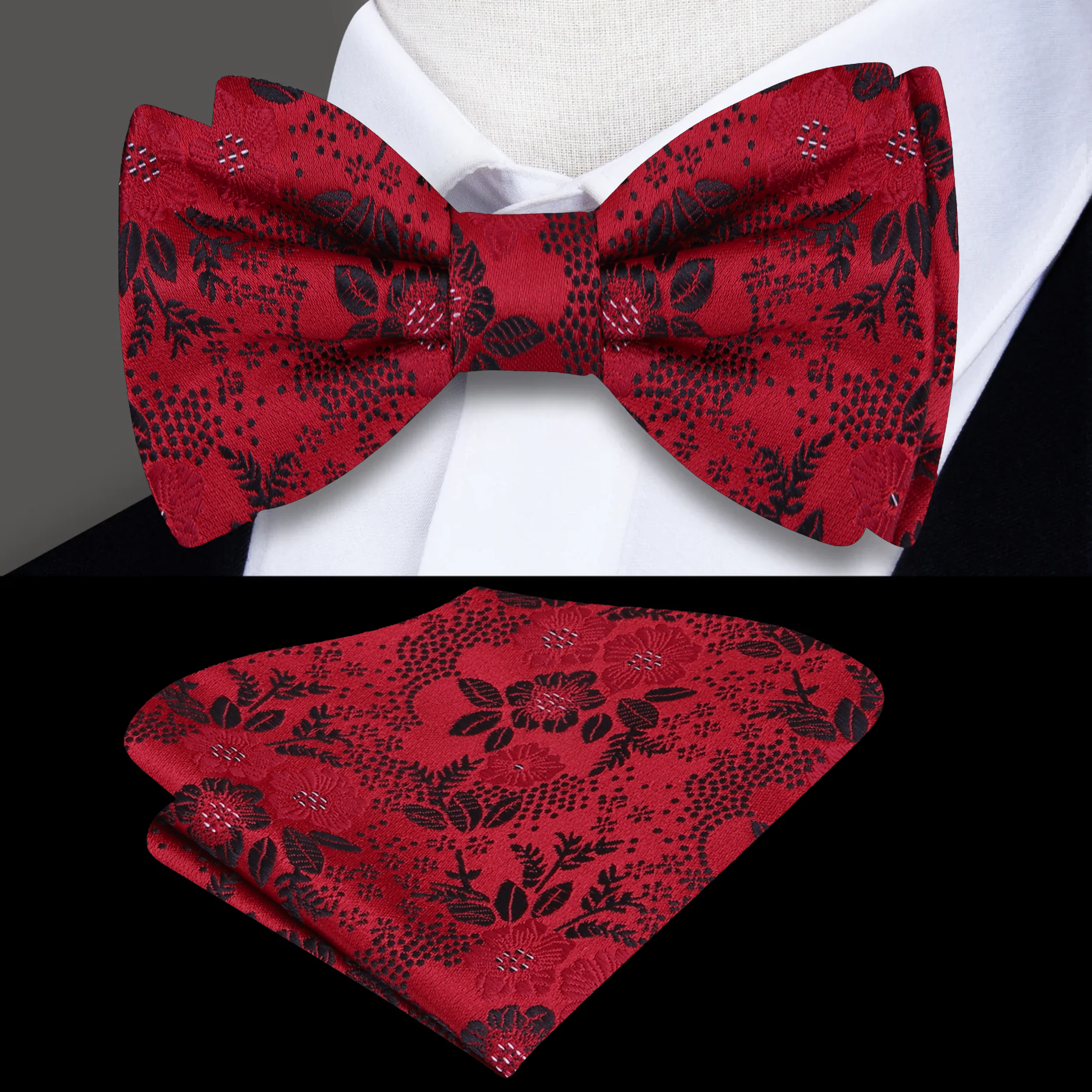 Man wearing floral bow tie with a black suit at an art opening