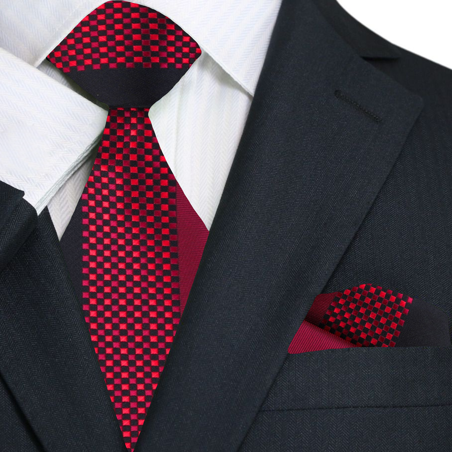 Close-up of the black and red checkered silk necktie, showcasing its exquisite pattern and texture.