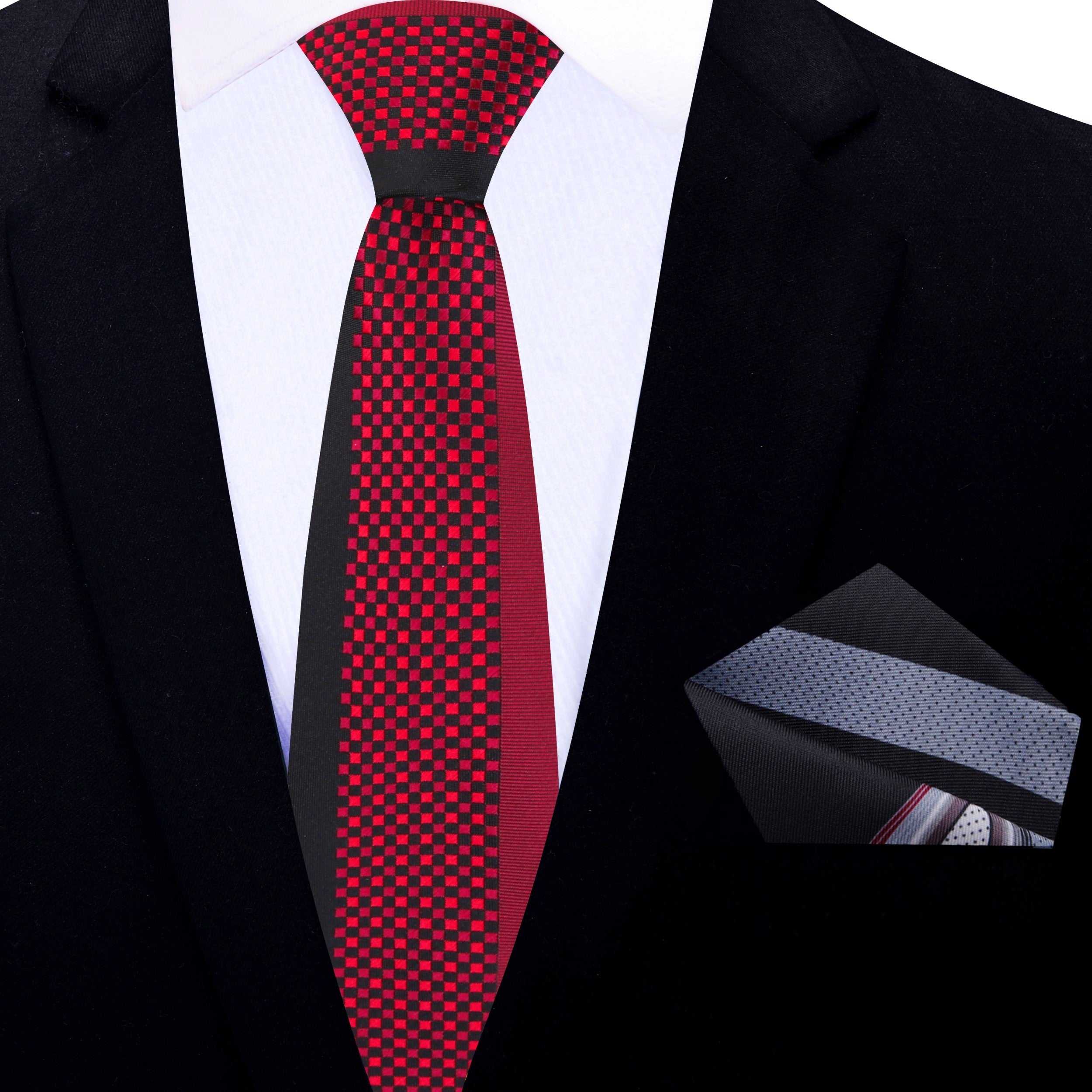A model wearing the black and red checkered necktie with a white dress shirt, ideal for formal events.