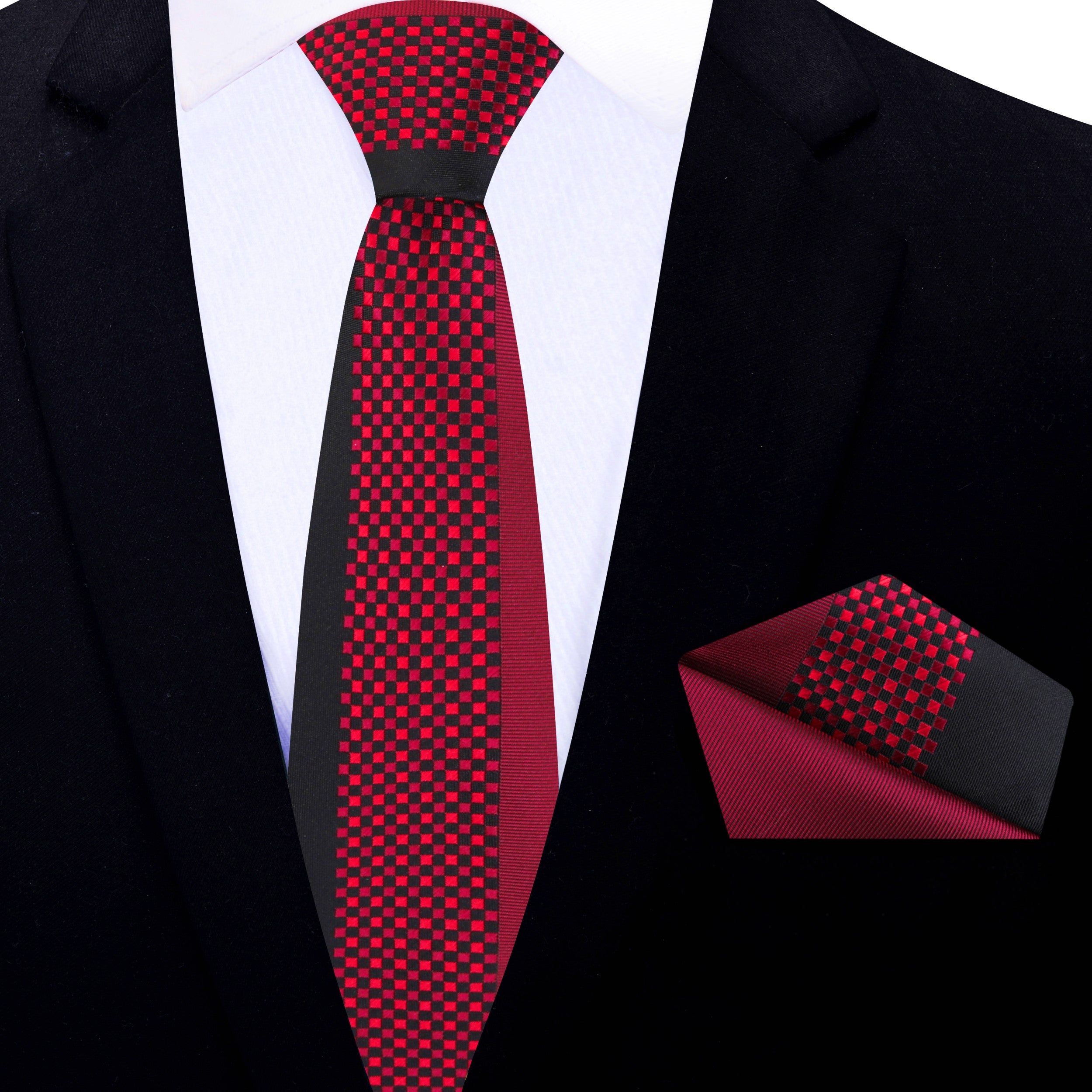 Close-up of the black and red checkered silk necktie, showcasing its exquisite pattern and texture.