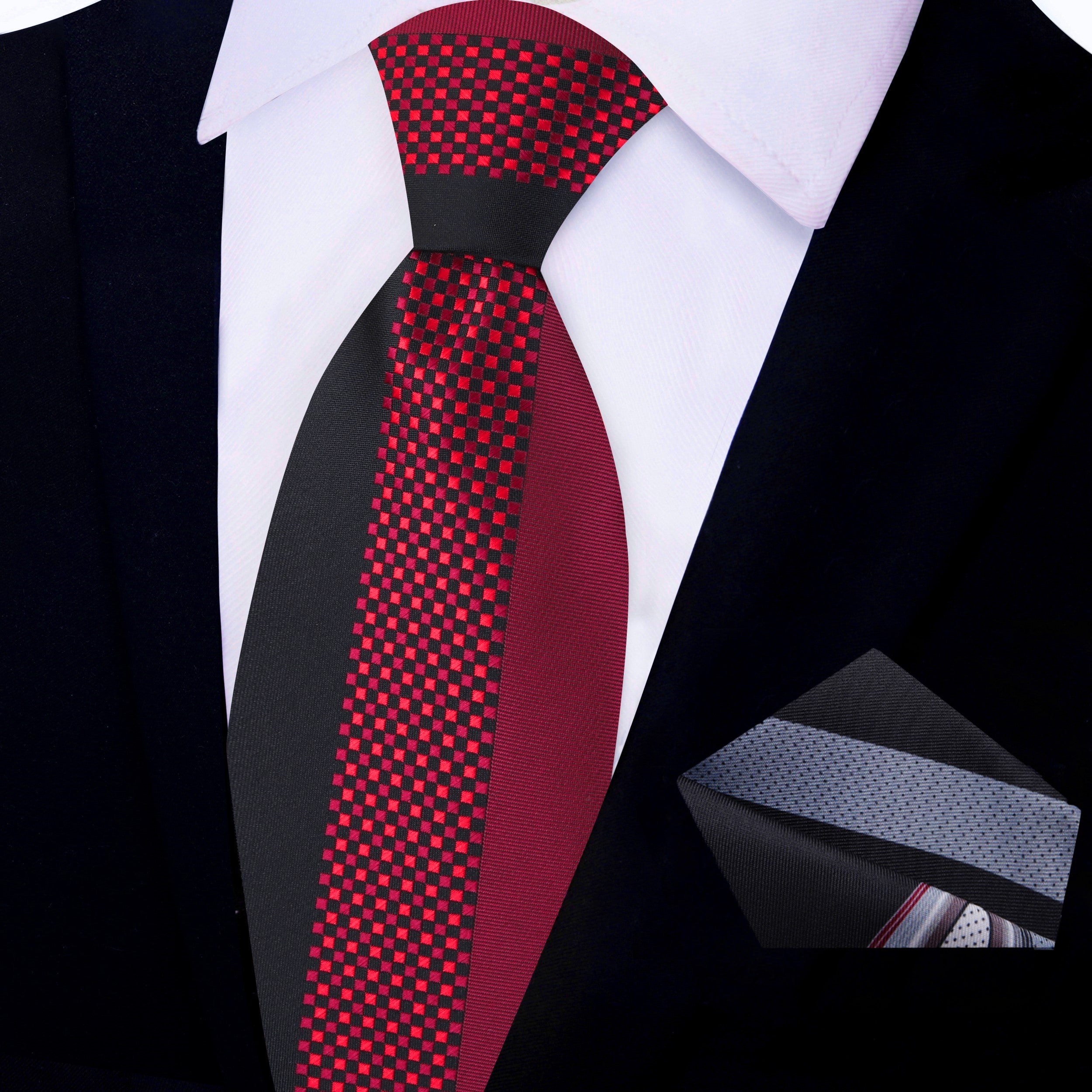 The black and red checkered necktie displayed flat, highlighting its elegant design and silk material.