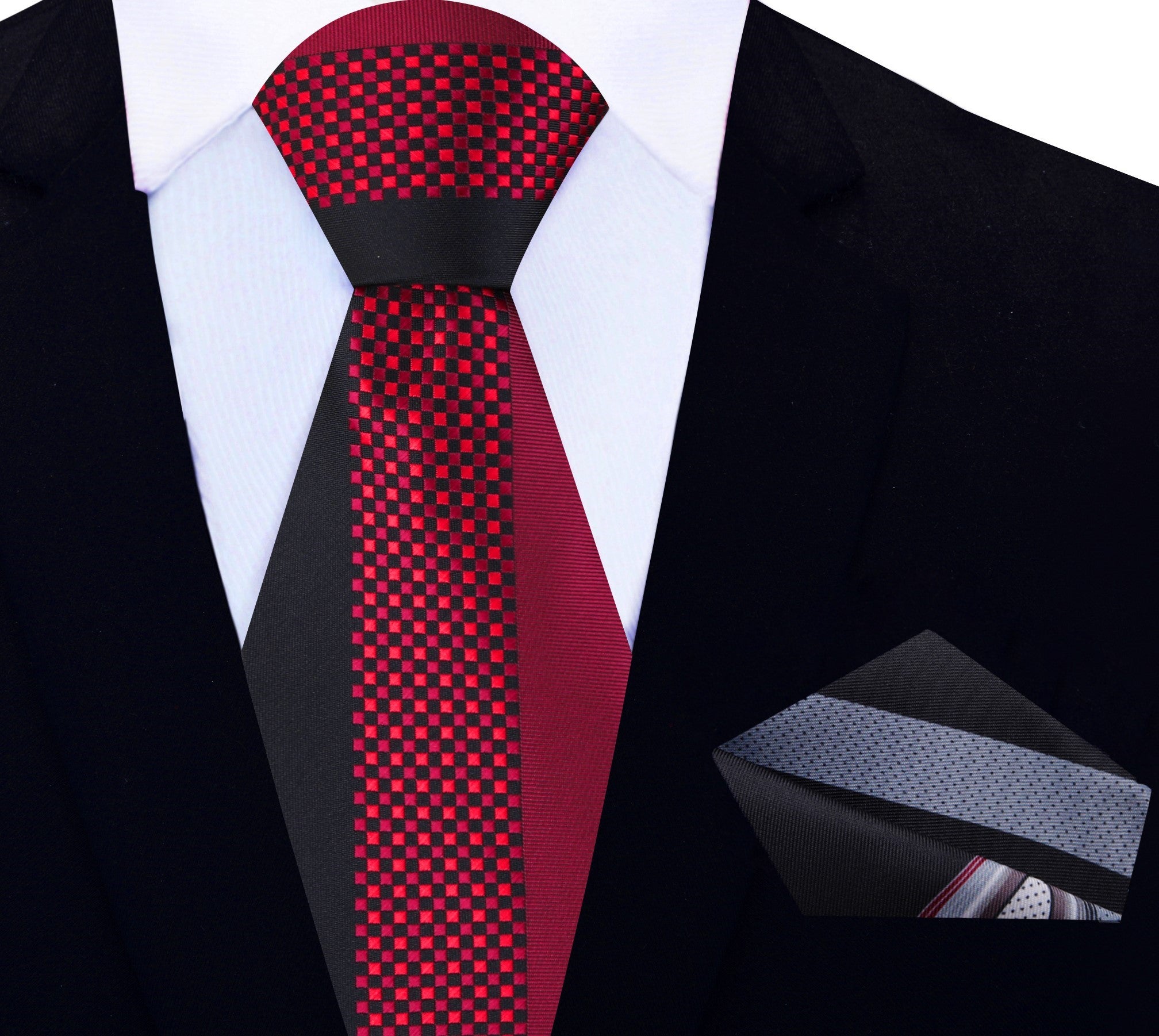 Close-up of the black and red checkered silk necktie, showcasing its exquisite pattern and texture.