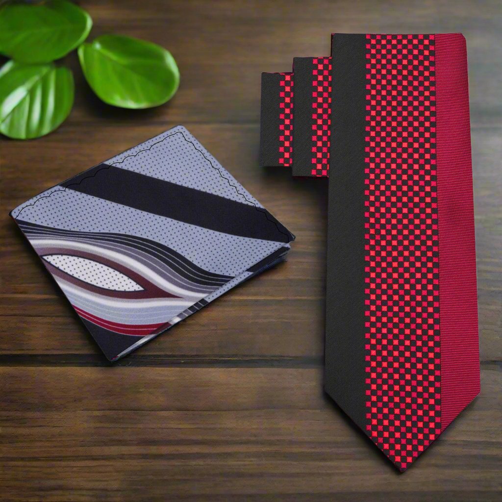 The black and red checkered necktie displayed flat, highlighting its elegant design and silk material.
