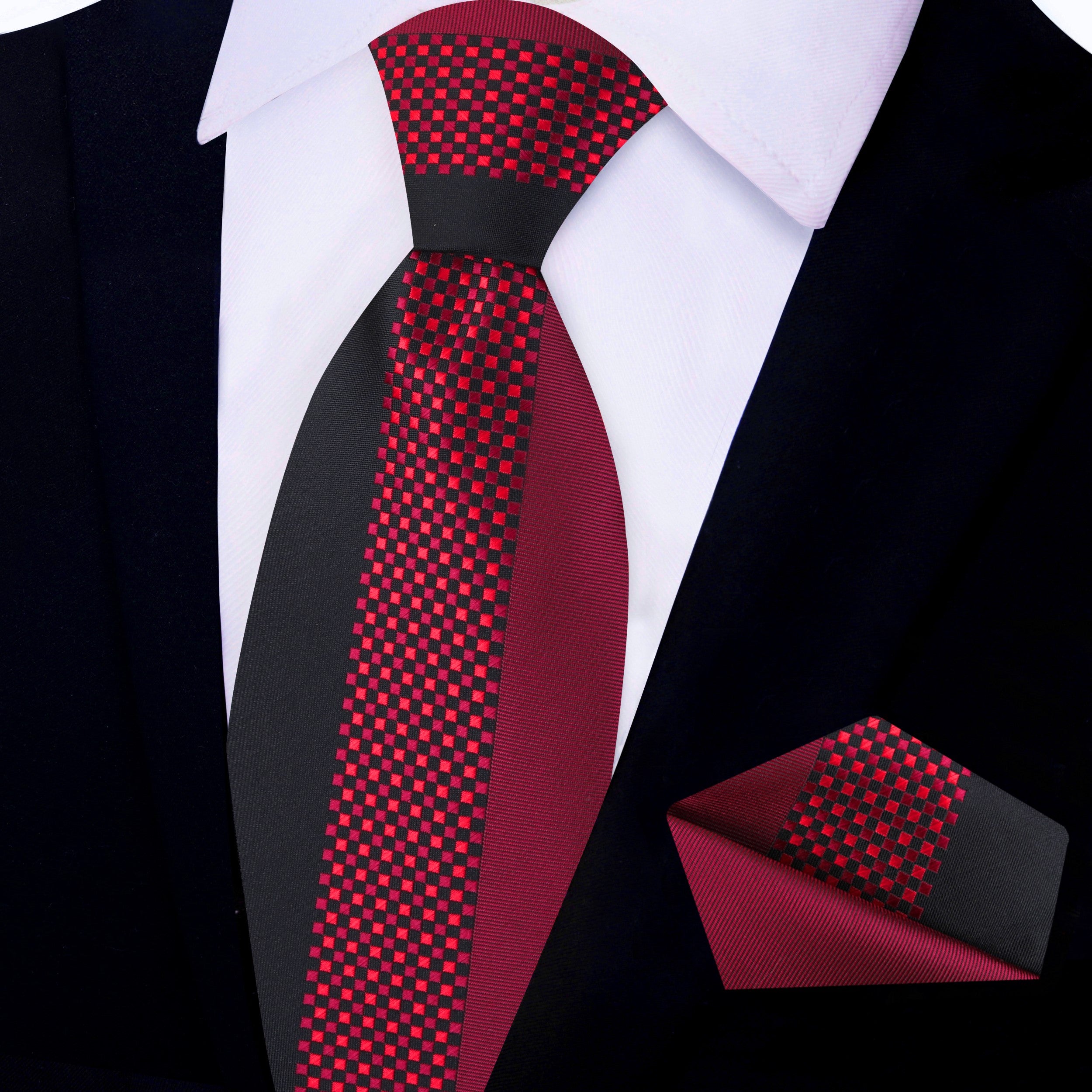 A model wearing the black and red checkered necktie with a white dress shirt, ideal for formal events.