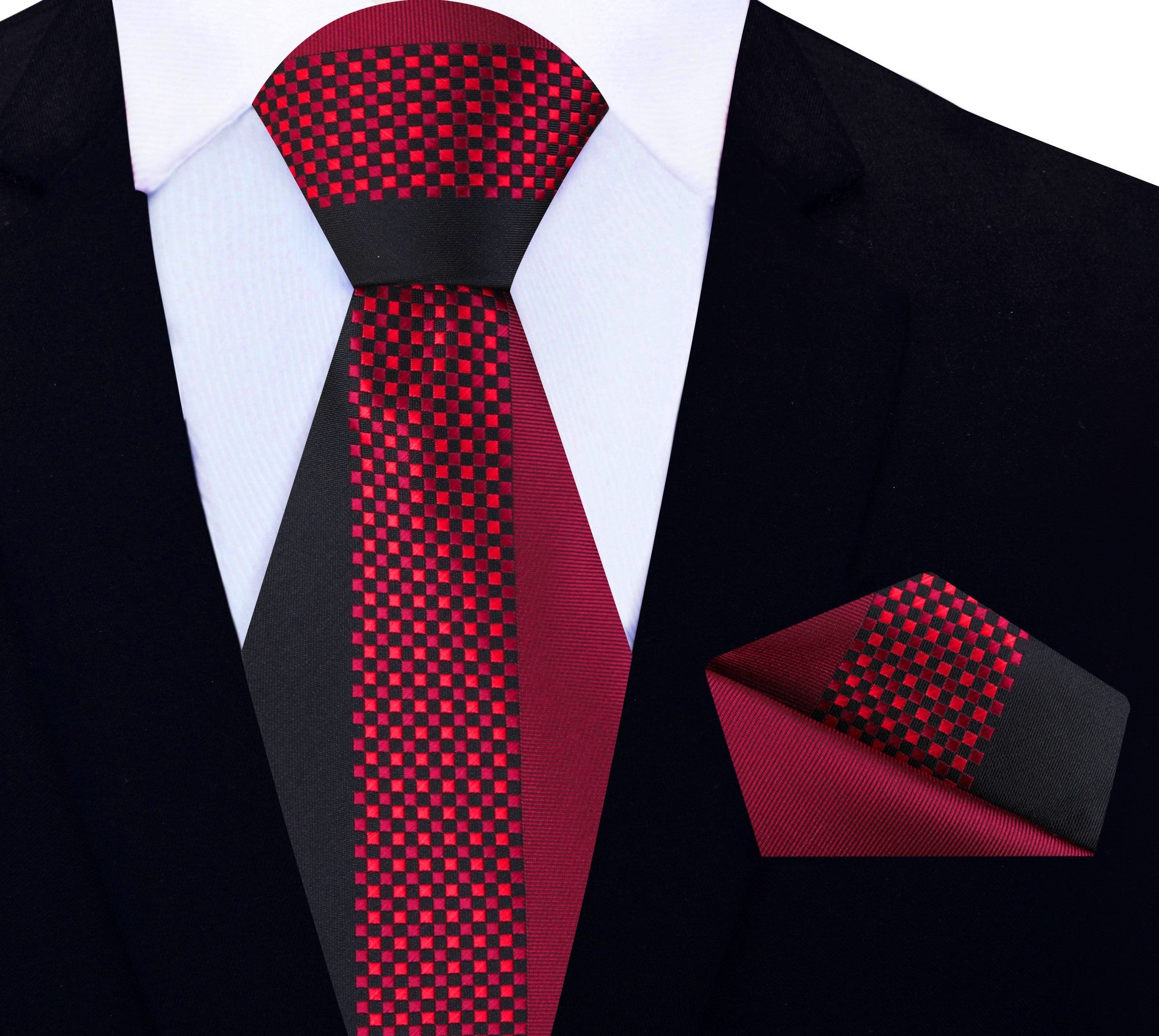 The black and red checkered necktie displayed flat, highlighting its elegant design and silk material.