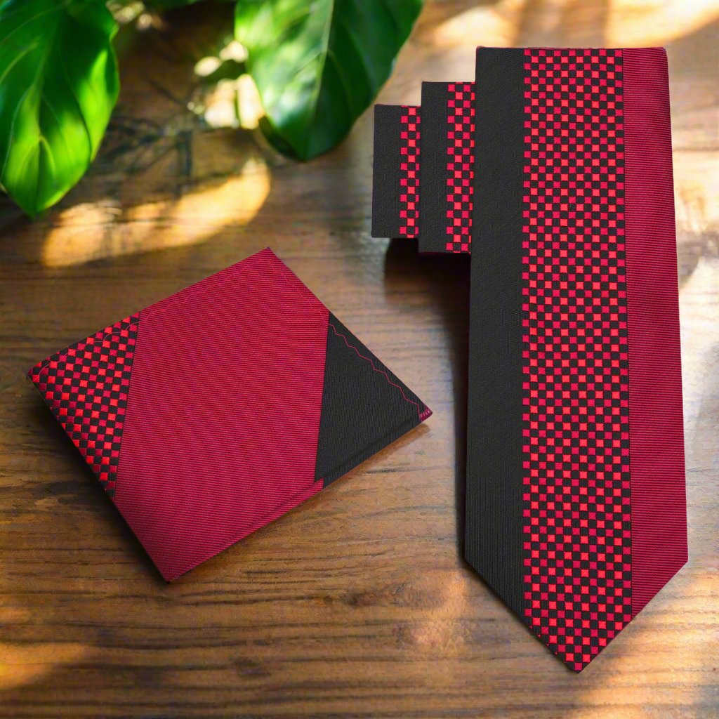 A model wearing the black and red checkered necktie with a white dress shirt, ideal for formal events.