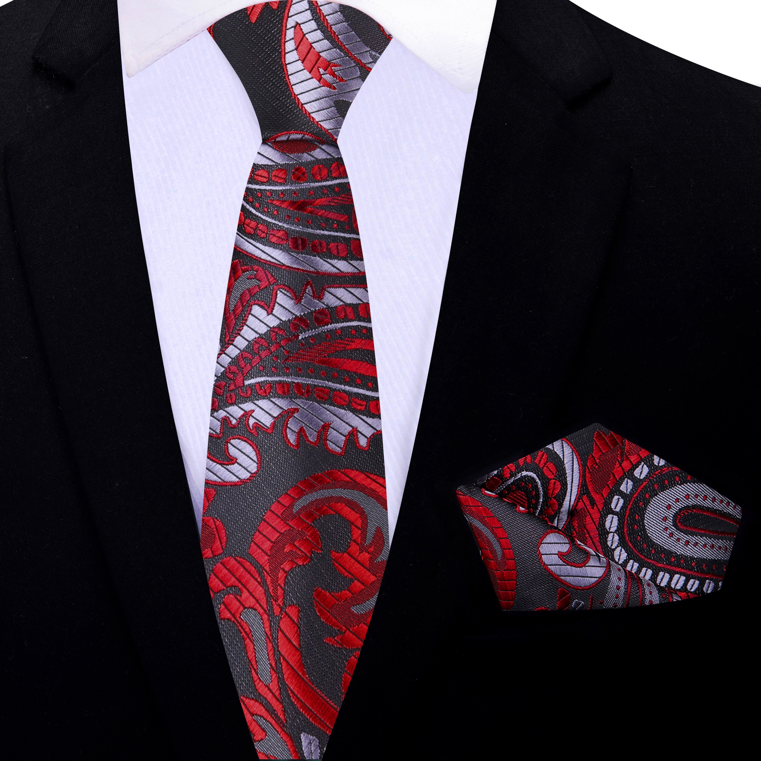 Elegant paisley necktie with intricate swirl pattern in red, grey, and black for formal wear