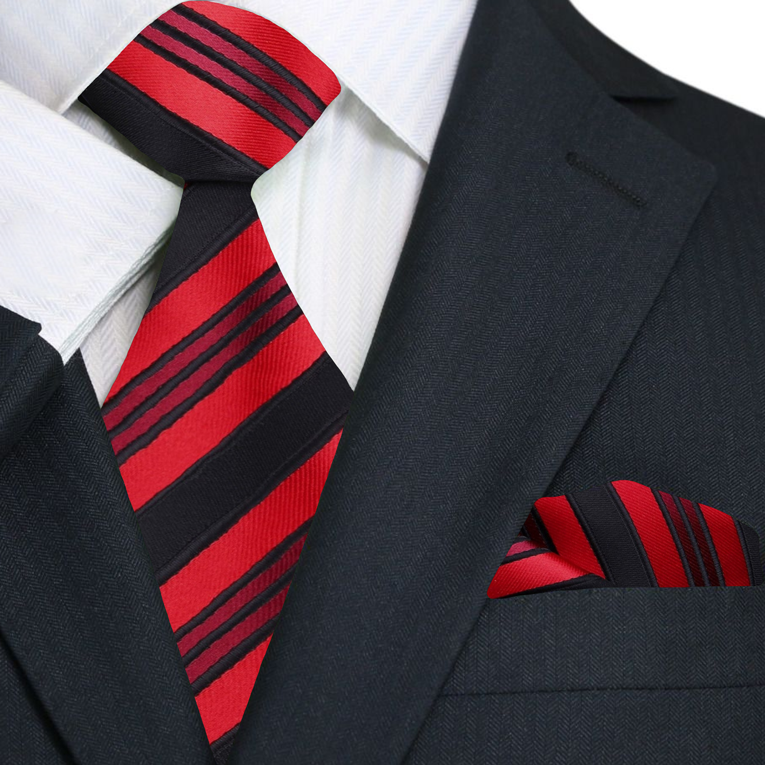 Close-up of a vibrant red and black stripe necktie for professional attire