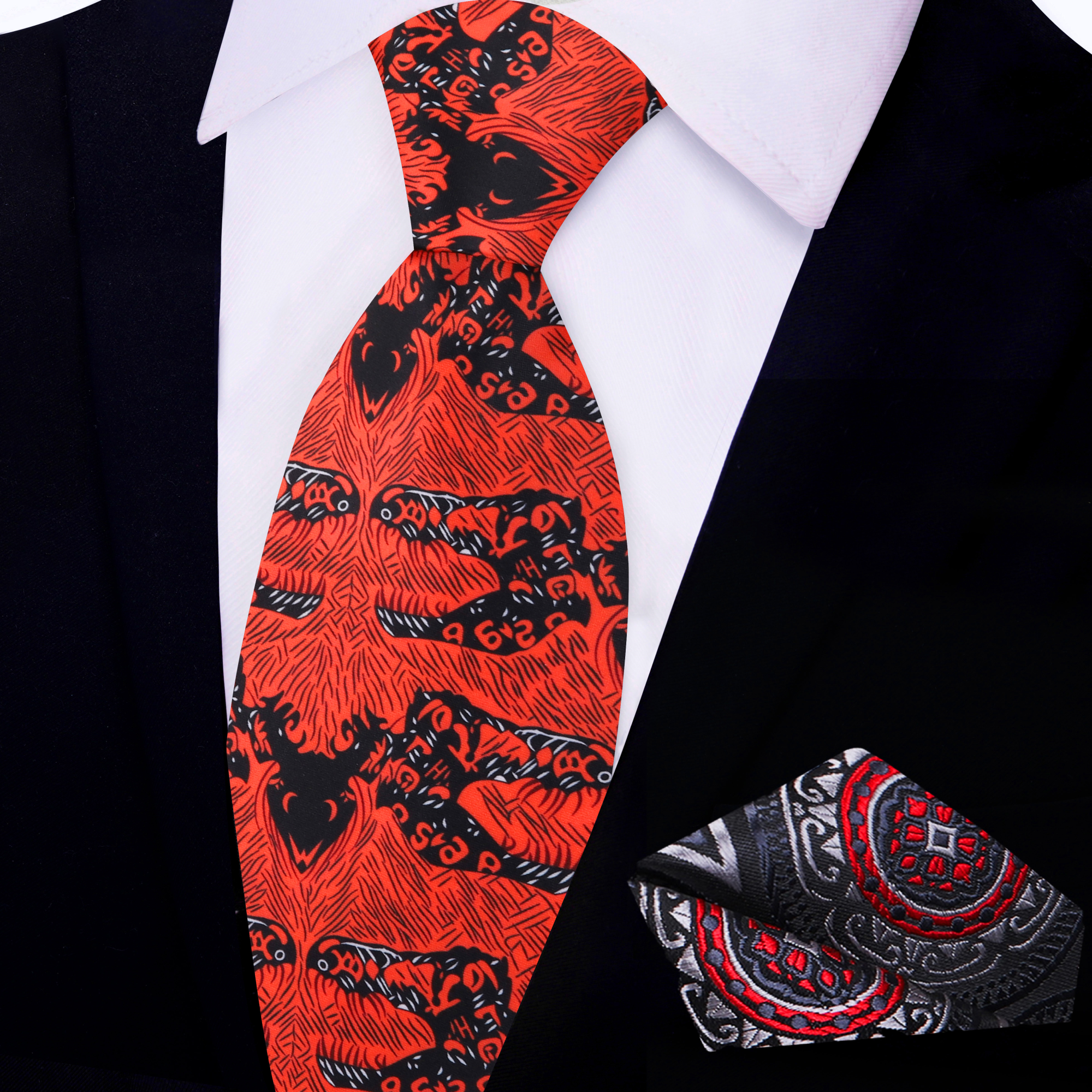Close-up of the red and black abstract pattern necktie showcasing its modern design