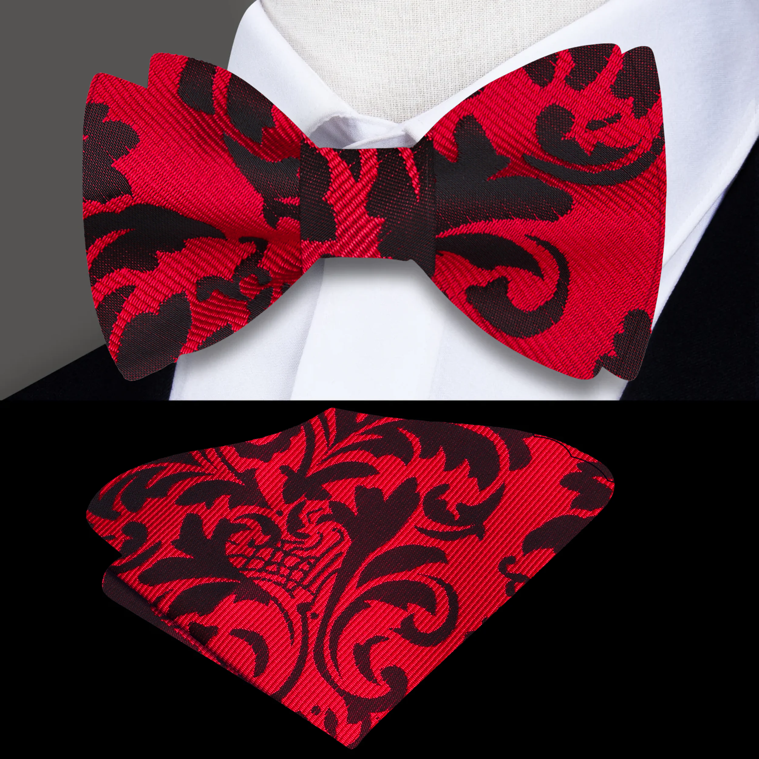Close-up of vibrant red paisley silk bow tie showcasing intricate pattern