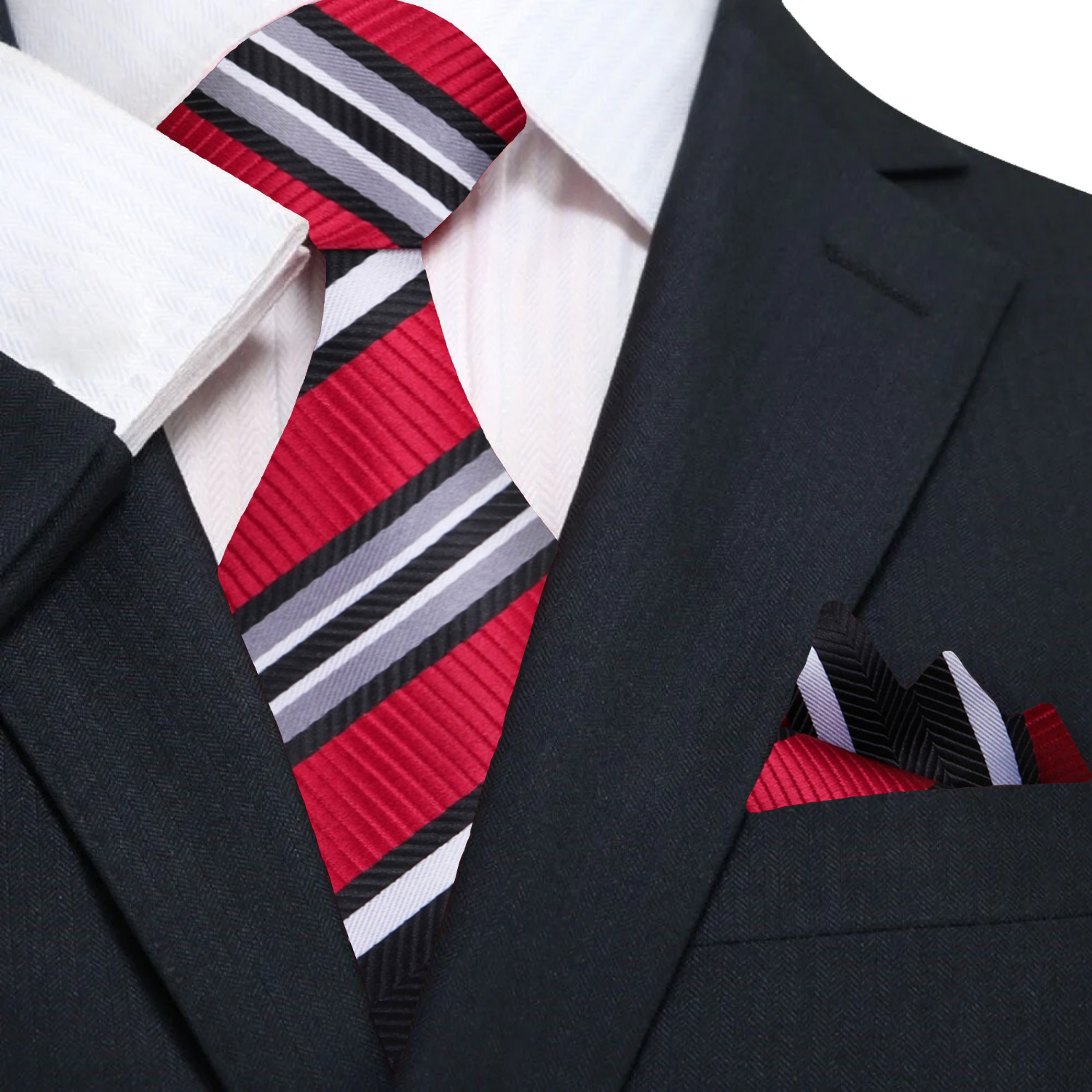 Styled outfit featuring a red black striped silk tie with a gray suit