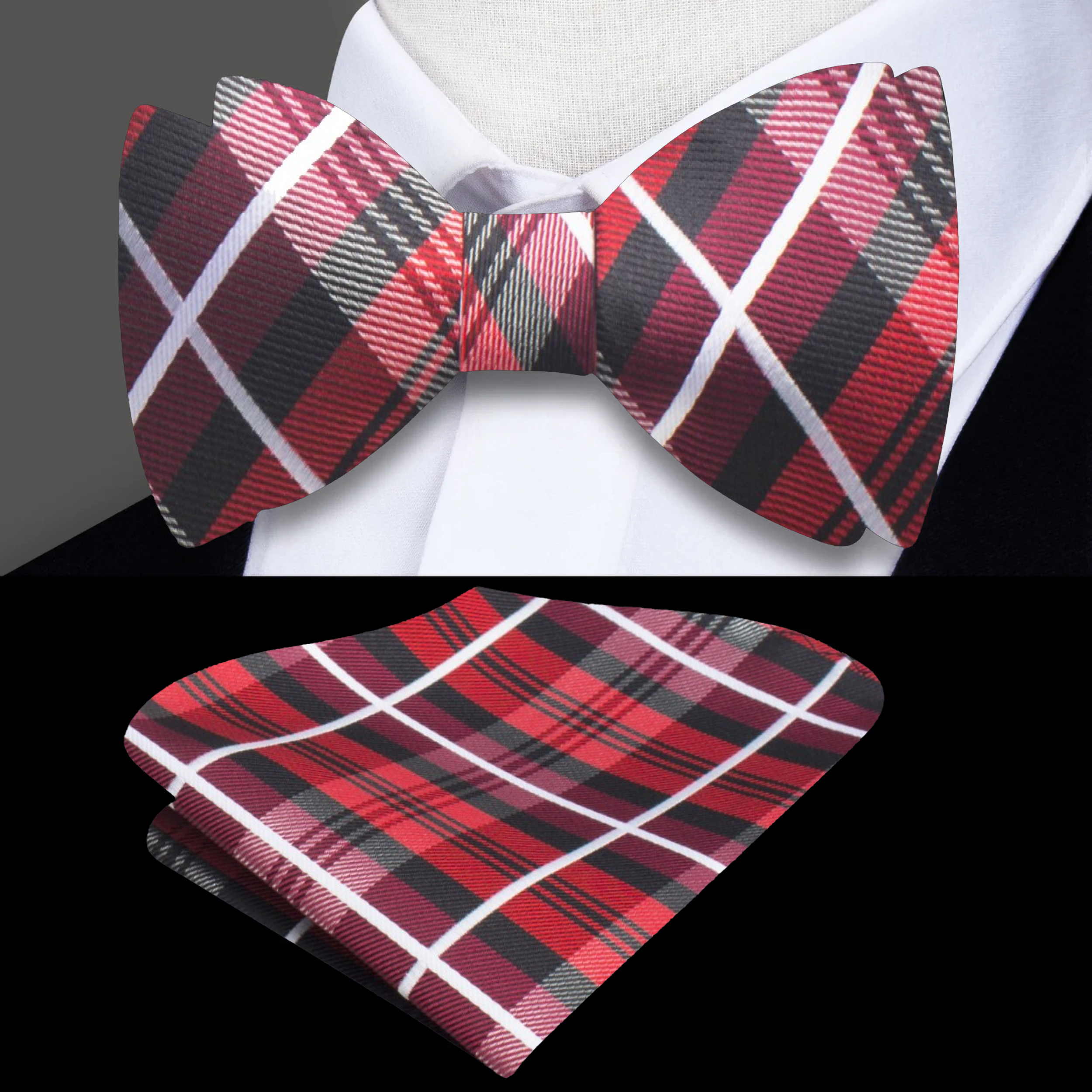 Close-up of a silk plaid self-tie bow tie, showing detailed pattern and texture