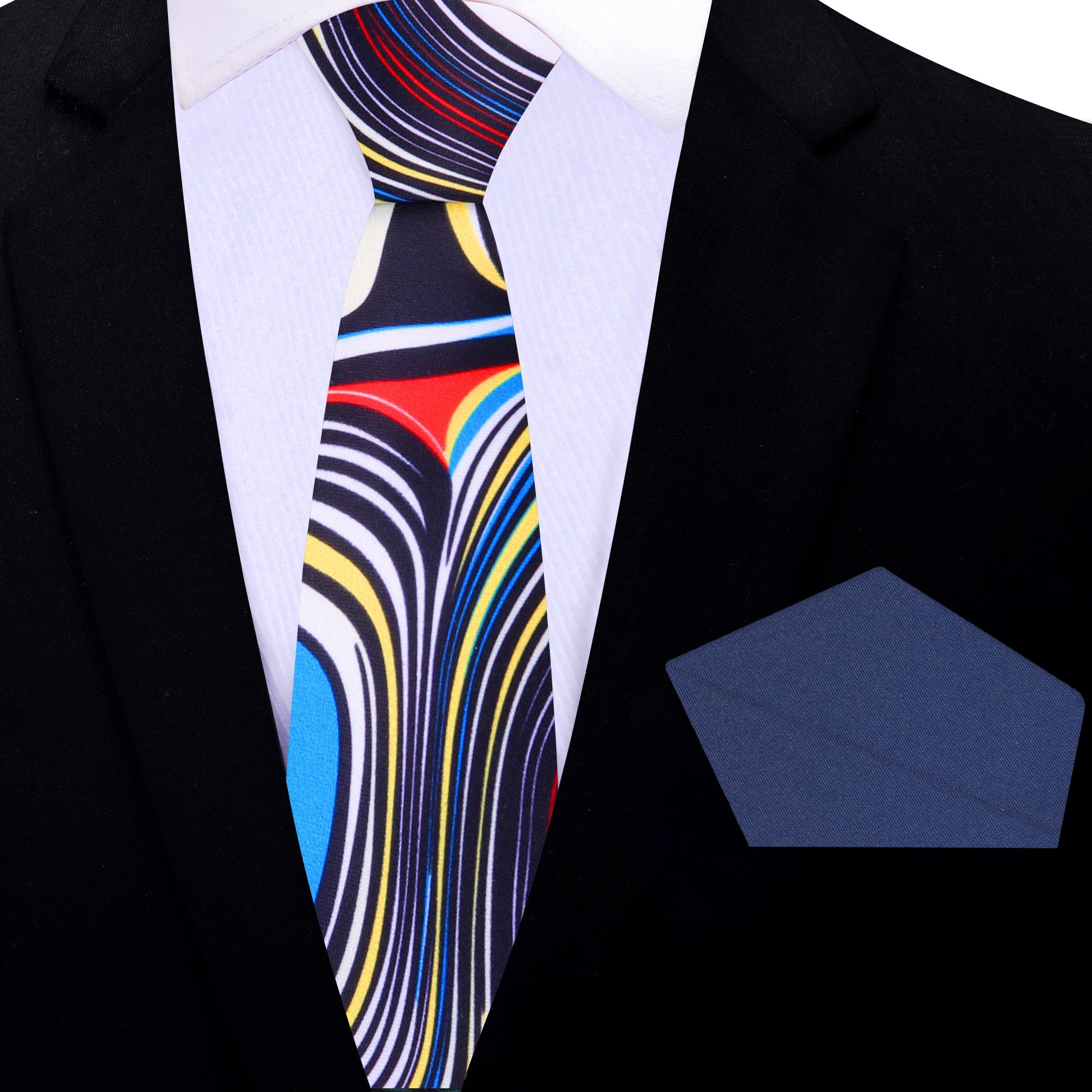 Close-up of vibrant abstract silk necktie showcasing bold colors and intricate pattern