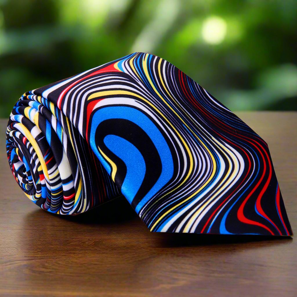 Close-up of vibrant abstract silk necktie showcasing bold colors and intricate pattern