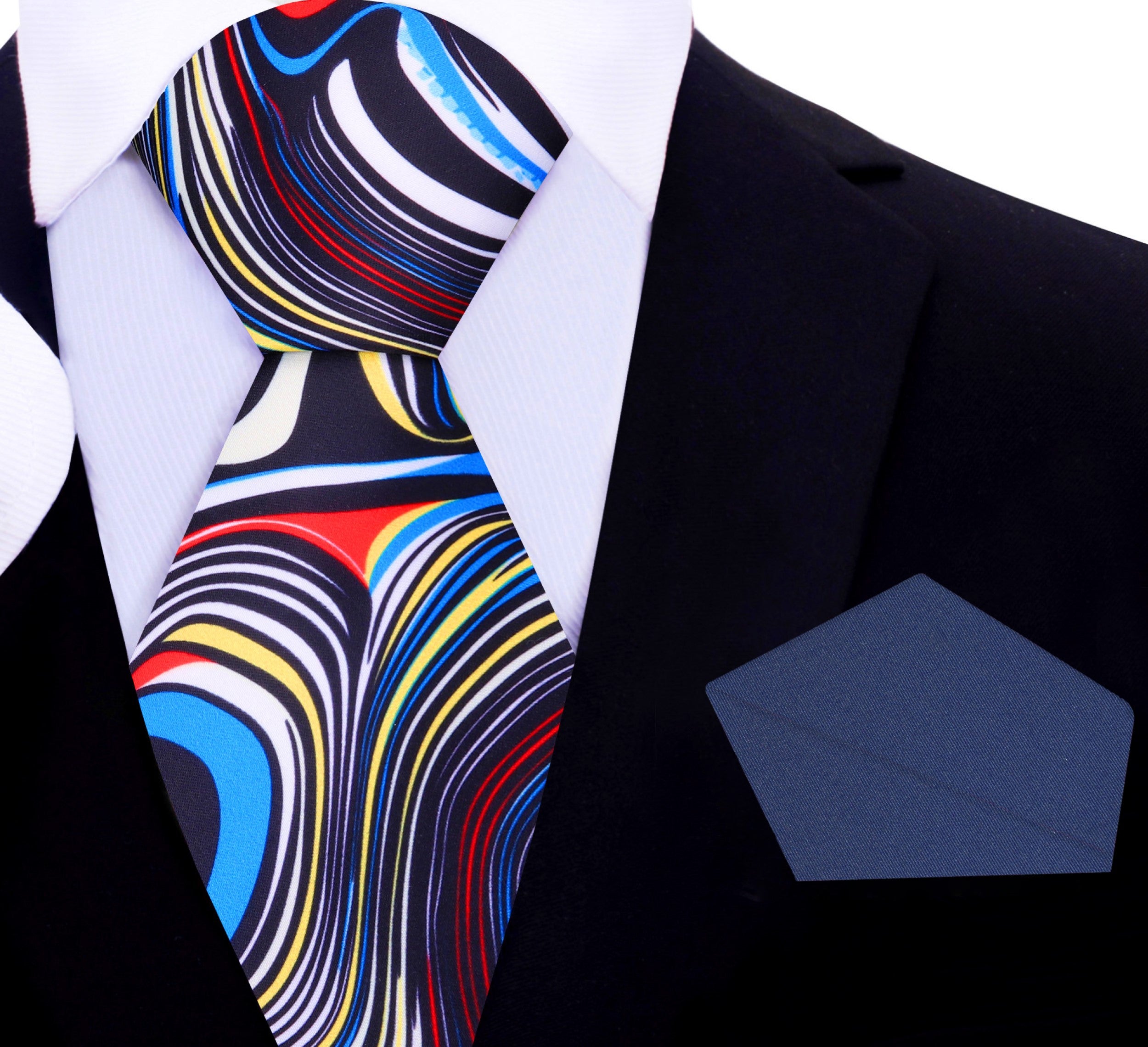 Detail shot of abstract tie fabric highlighting silk texture and vivid colors