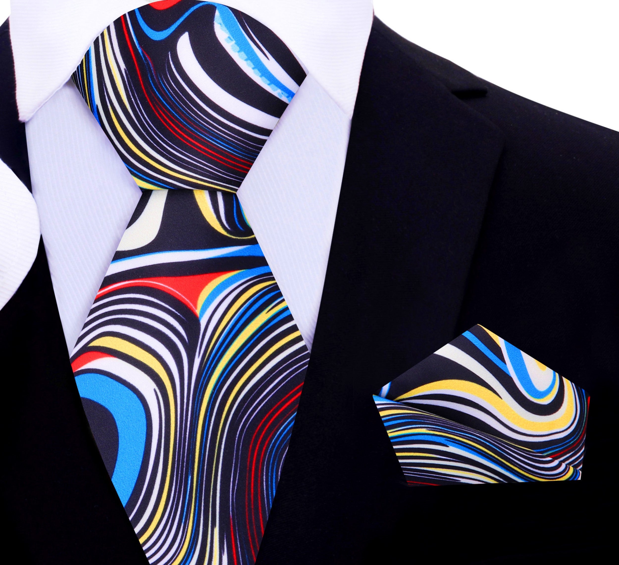 Close-up of vibrant abstract silk necktie showcasing bold colors and intricate pattern