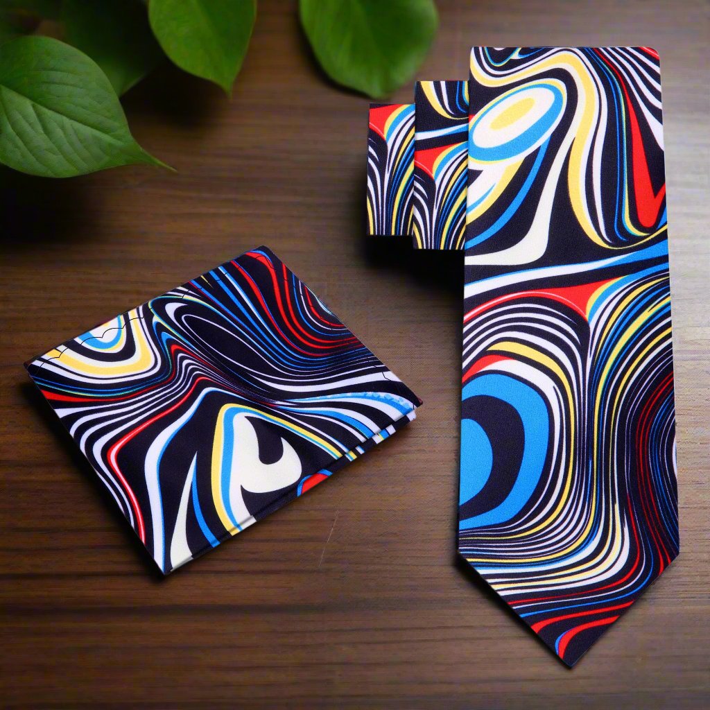 Detail shot of abstract tie fabric highlighting silk texture and vivid colors
