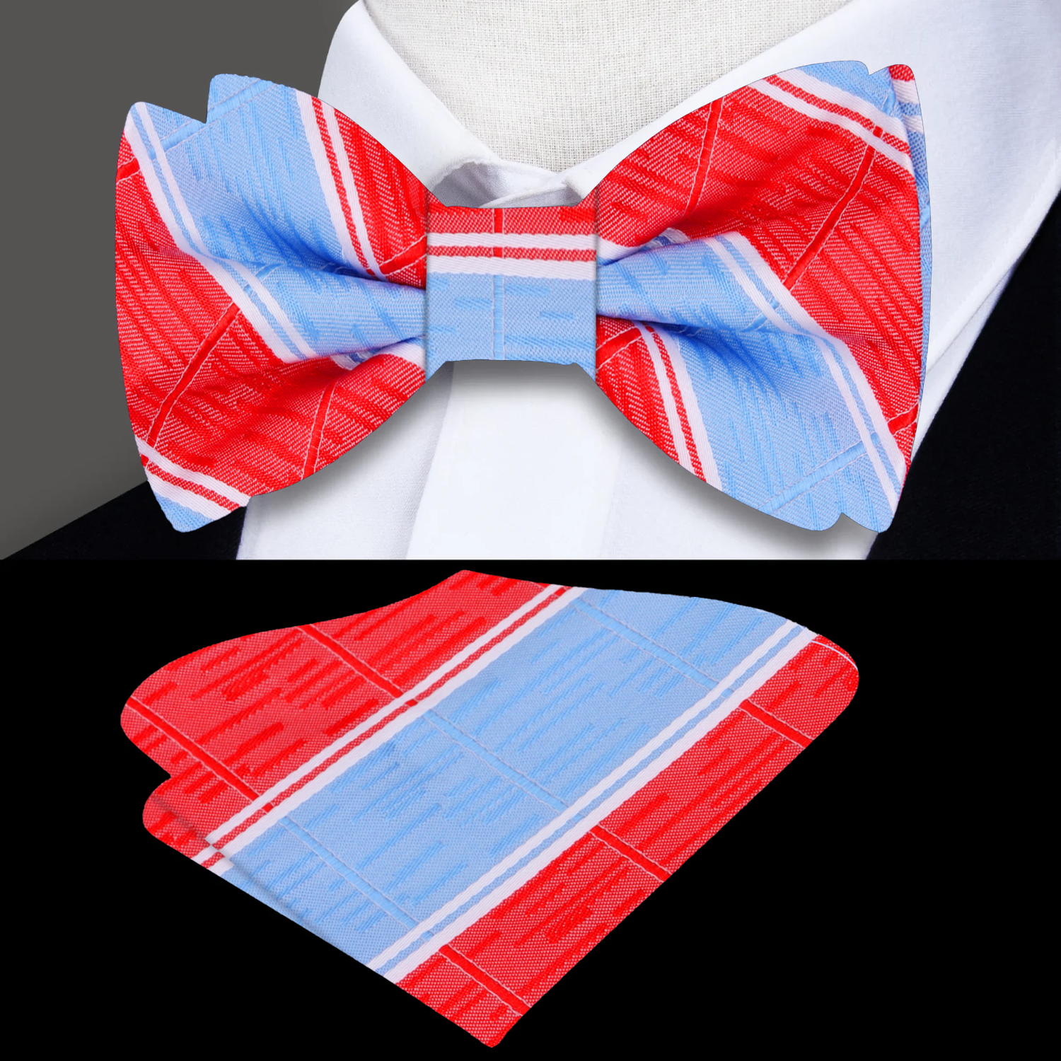 Front view of the blue plaid silk bow tie on a mannequin, highlighting its pattern and craftsmanship.