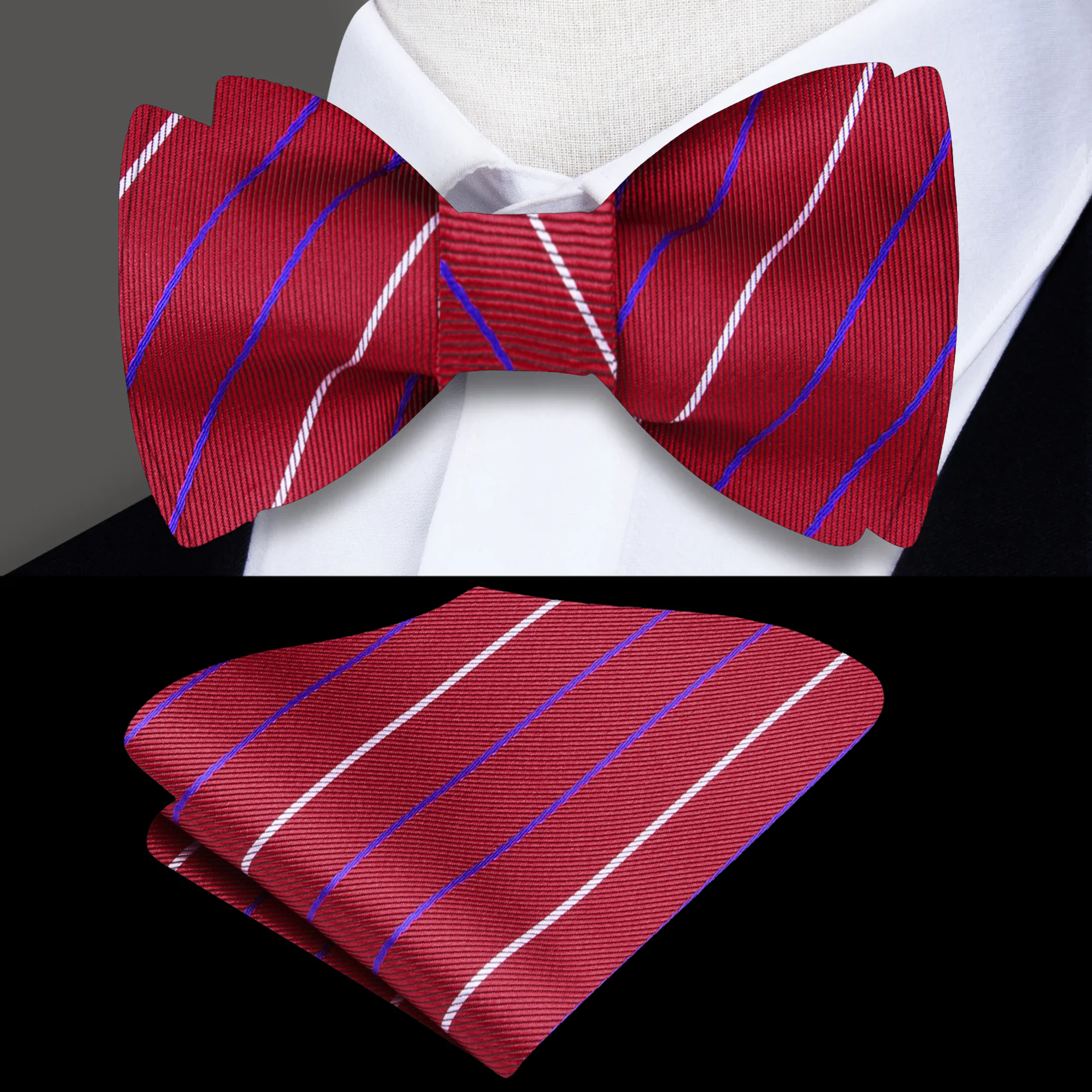 Flat lay of white and black striped bow ties with matching pocket squares, ideal for formal occasions.