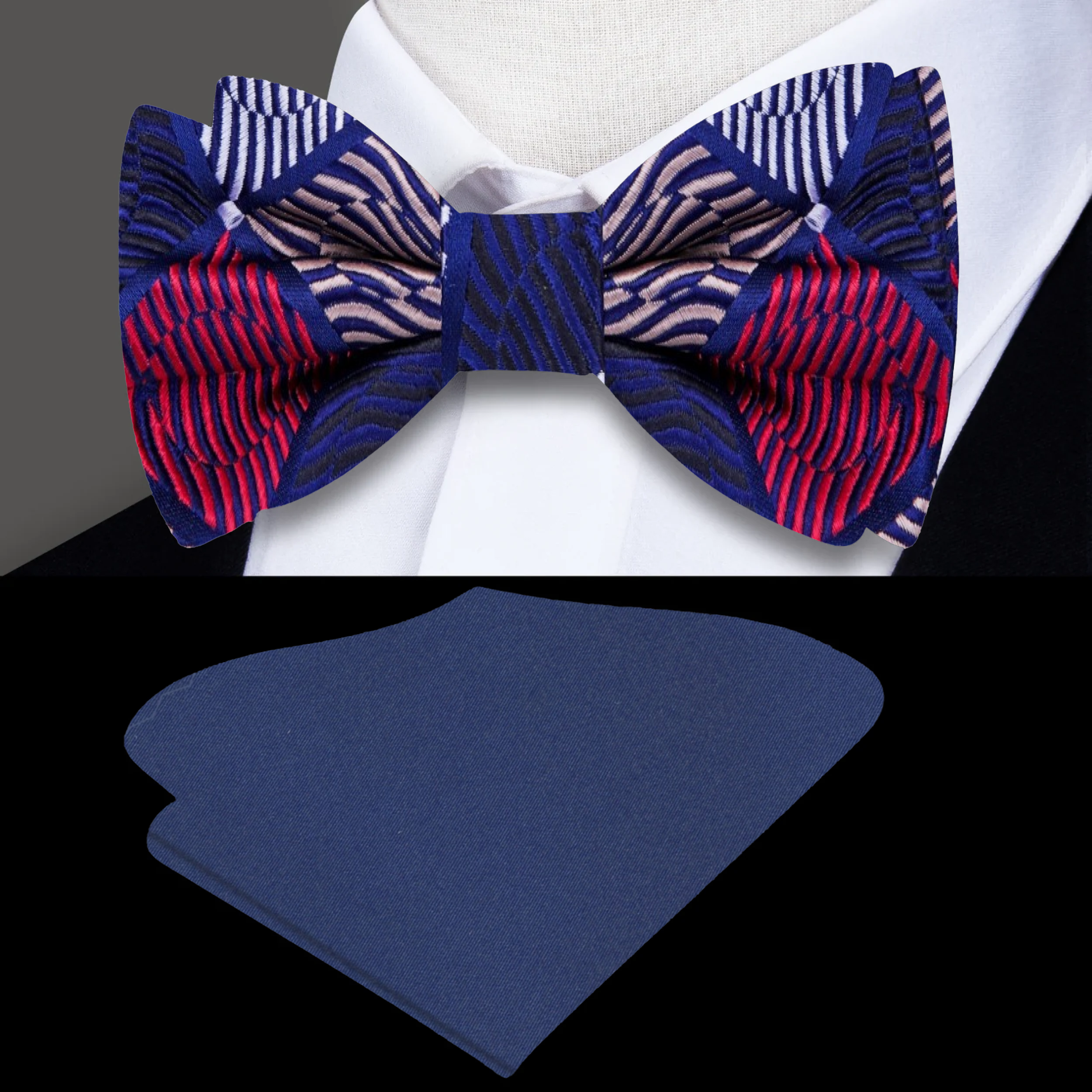 Stylish customizable mens bow tie featuring a sophisticated geometric pattern, suitable for various neck sizes.