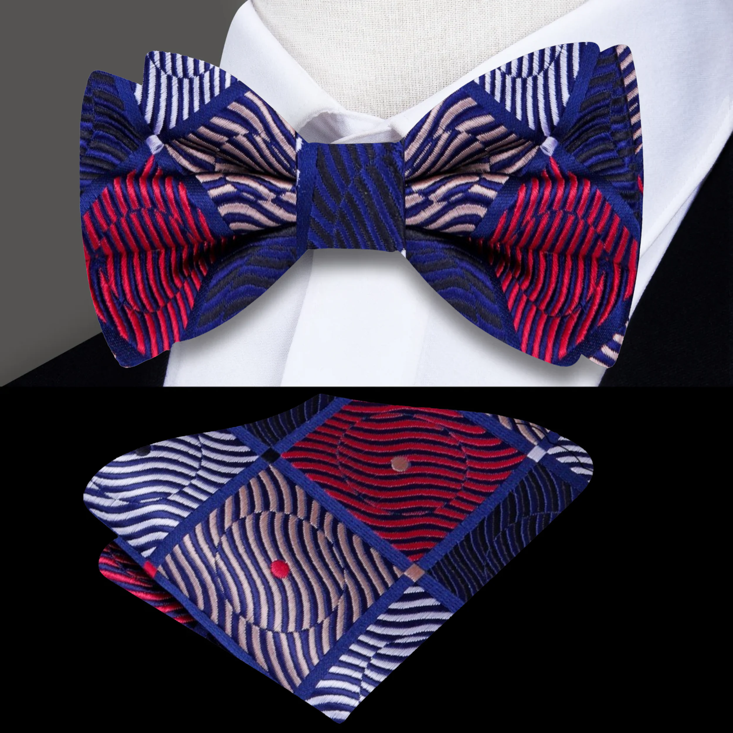 Elegant geometric silk bow tie showcasing intricate patterns in green, blue, and purple, perfect for formal events.