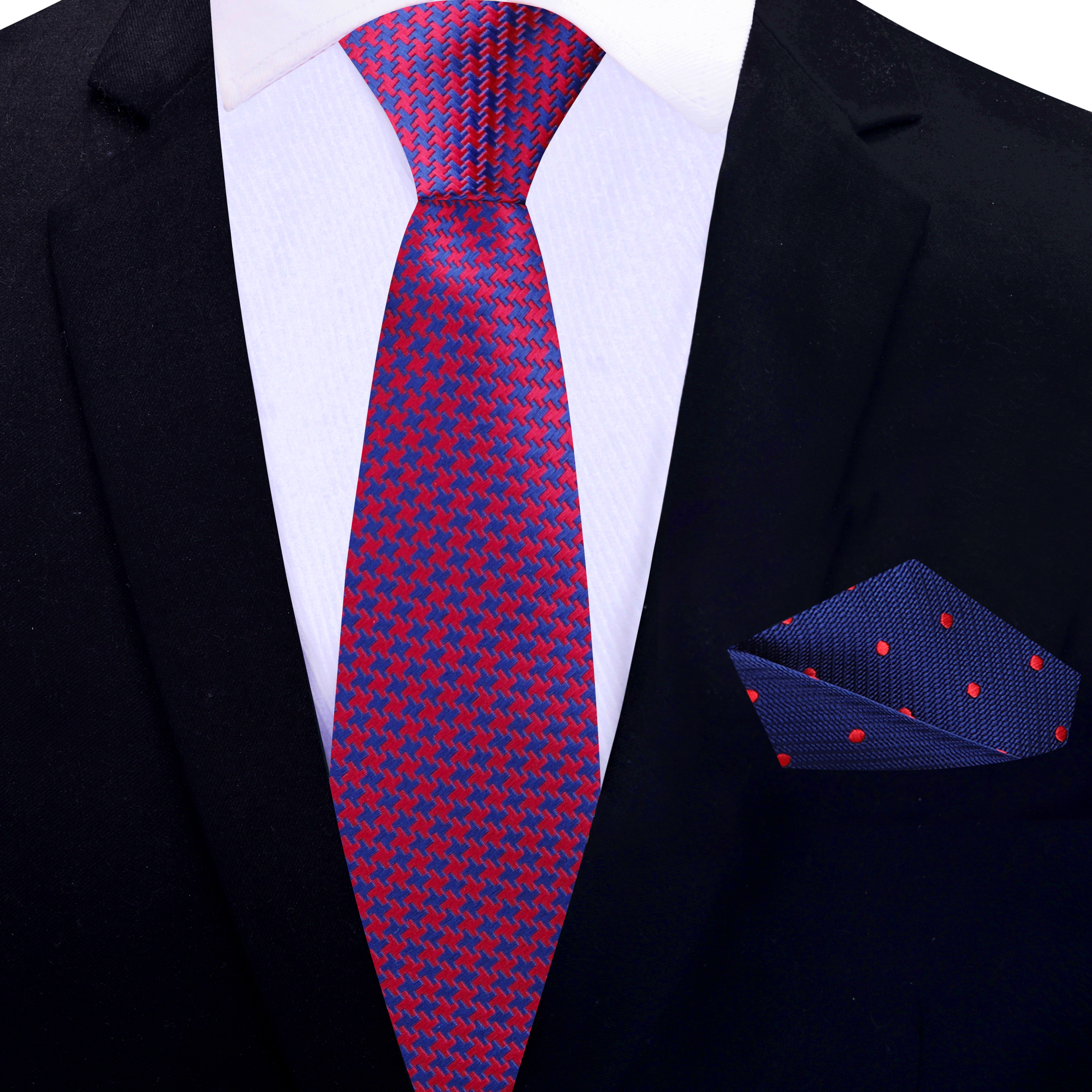 Close-up of small houndstooth pattern in red and blue on the necktie