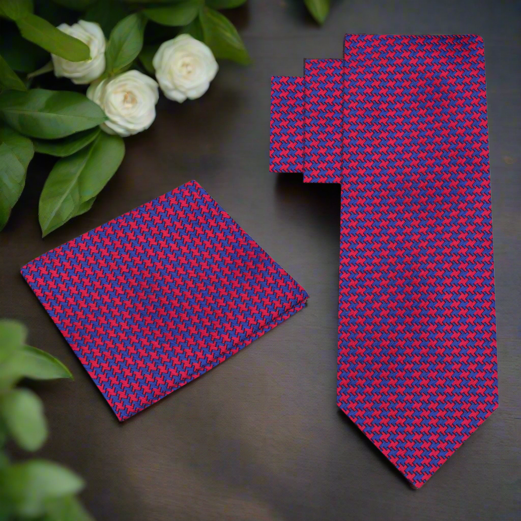 Front view of Westmore geometric houndstooth necktie with detailed pattern