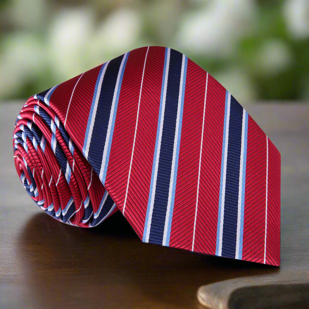 View of the bold striped silk necktie showcasing its vibrant colors and patterns.